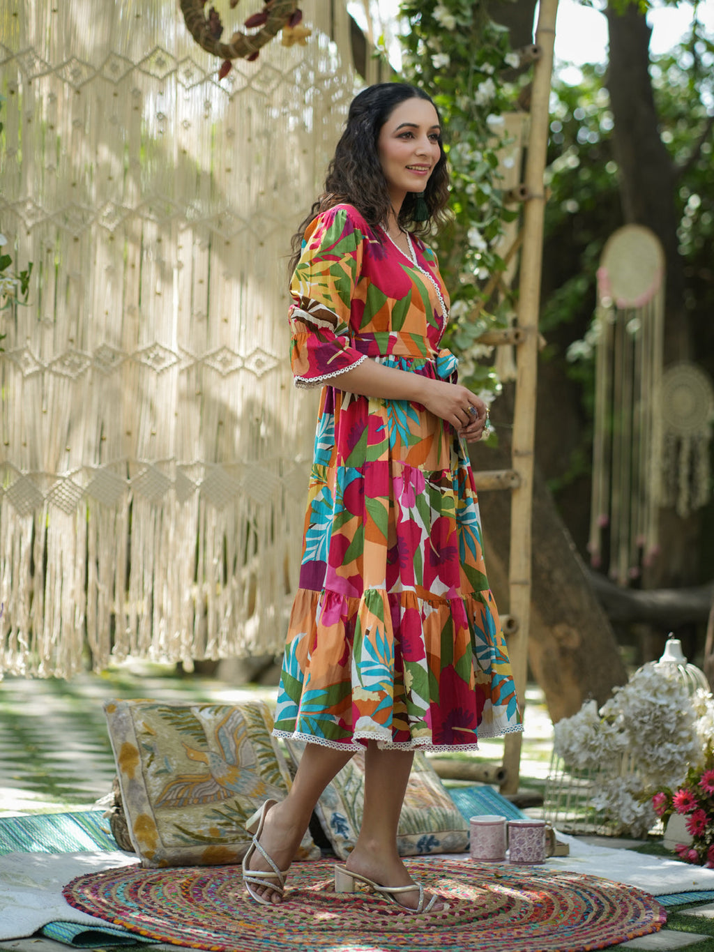Women Multi Printed Pure Cotton Floral Puff Sleeves Dress