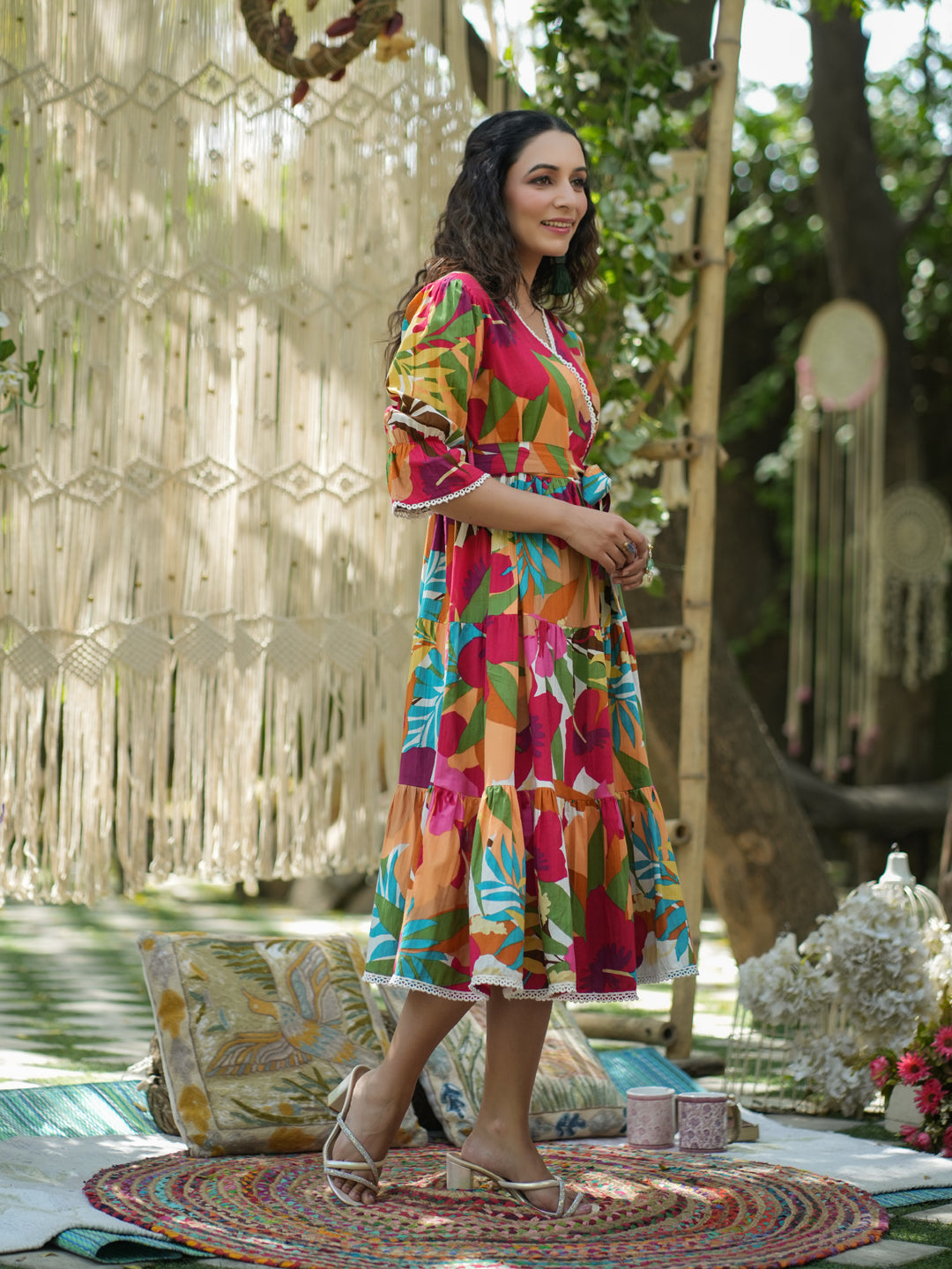 Women Multi Printed Pure Cotton Floral Puff Sleeves Dress