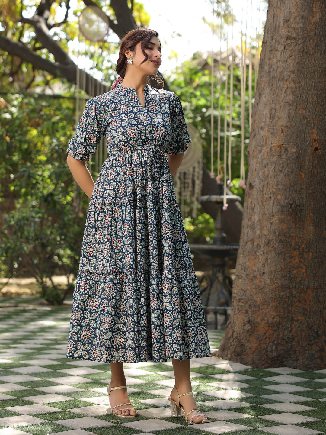 Women Blue Ethinc Motifs Printed Tiered Pure Cotton A-line Midi Dress