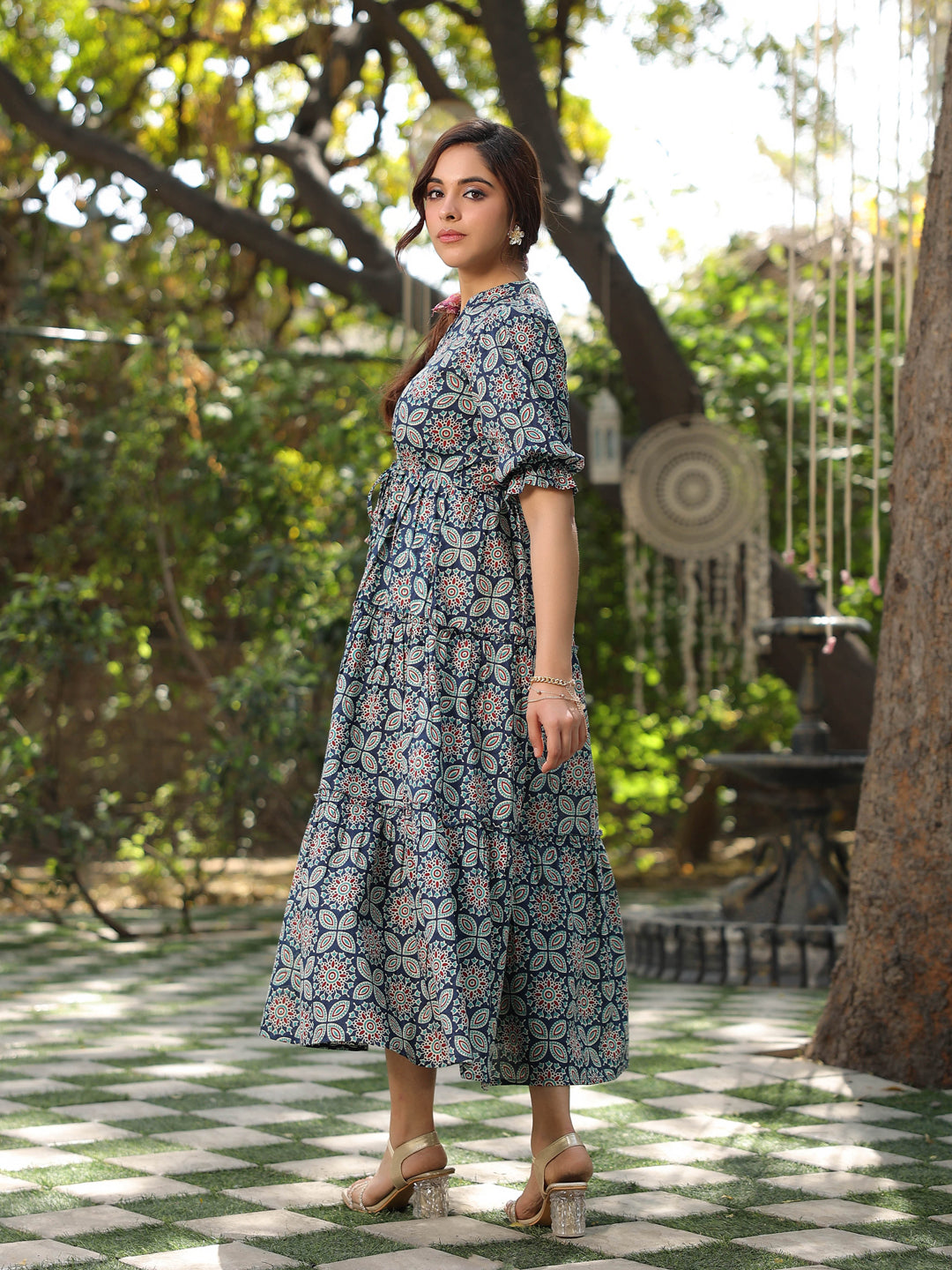 Women Blue Ethinc Motifs Printed Tiered Pure Cotton A-line Midi Dress