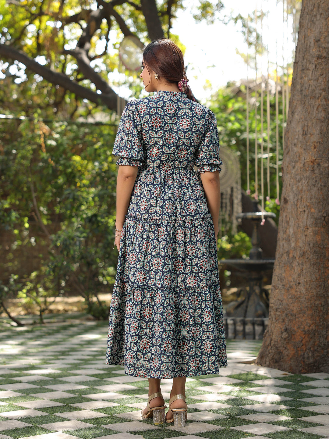 Women Blue Ethinc Motifs Printed Tiered Pure Cotton A-line Midi Dress