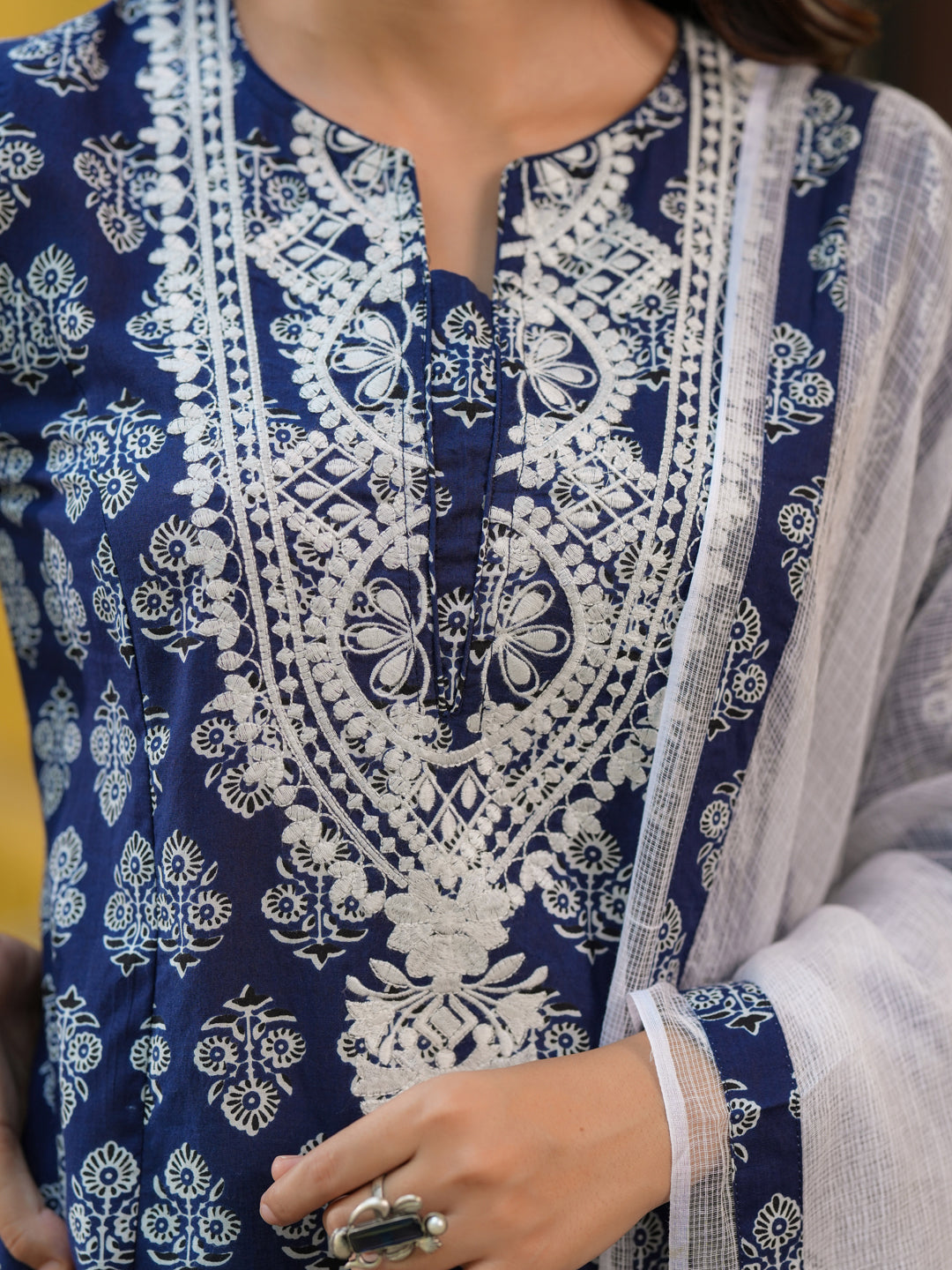 Women Ethnic Motifs Printed Regular Thread Work Pure Cotton Kurta with Trousers & With Dupatta