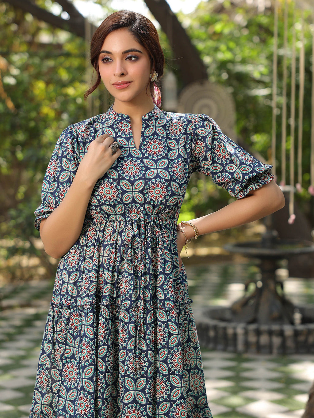 Women Blue Ethinc Motifs Printed Tiered Pure Cotton A-line Midi Dress