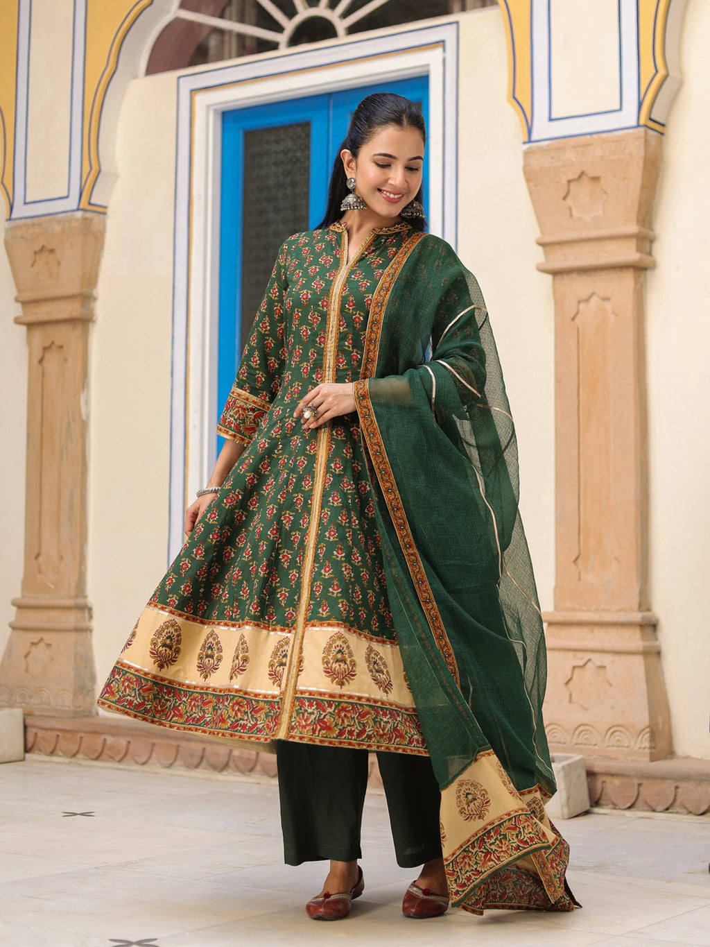 Women Ethnic Motifs Printed Cotton Anarkali Kurta with Trousers & Dupatta