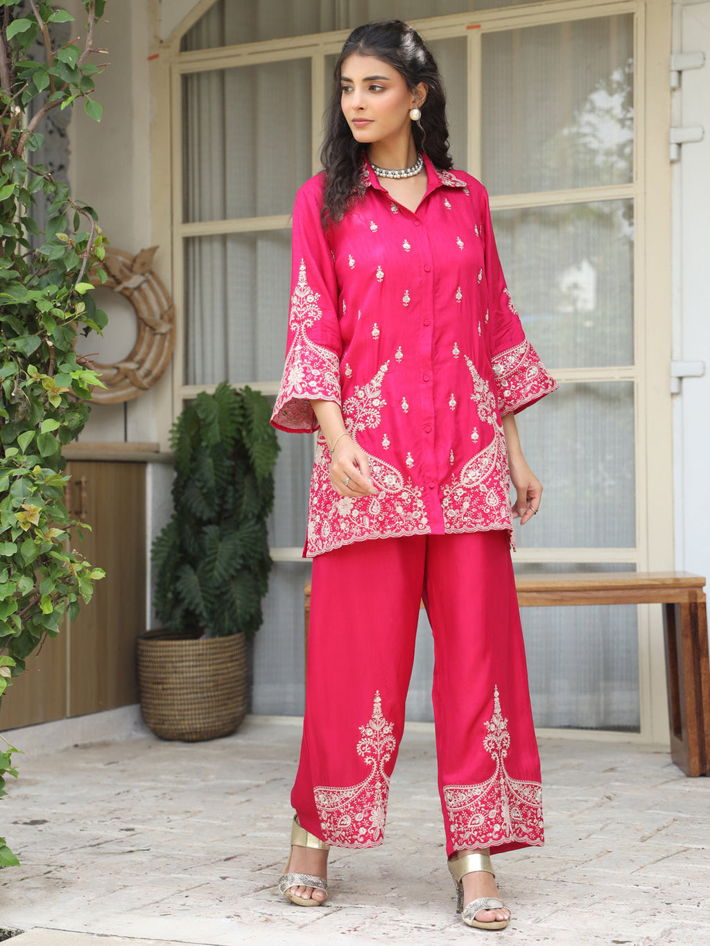 Women Embroidered Shirt with Trousers Co-ord Set
