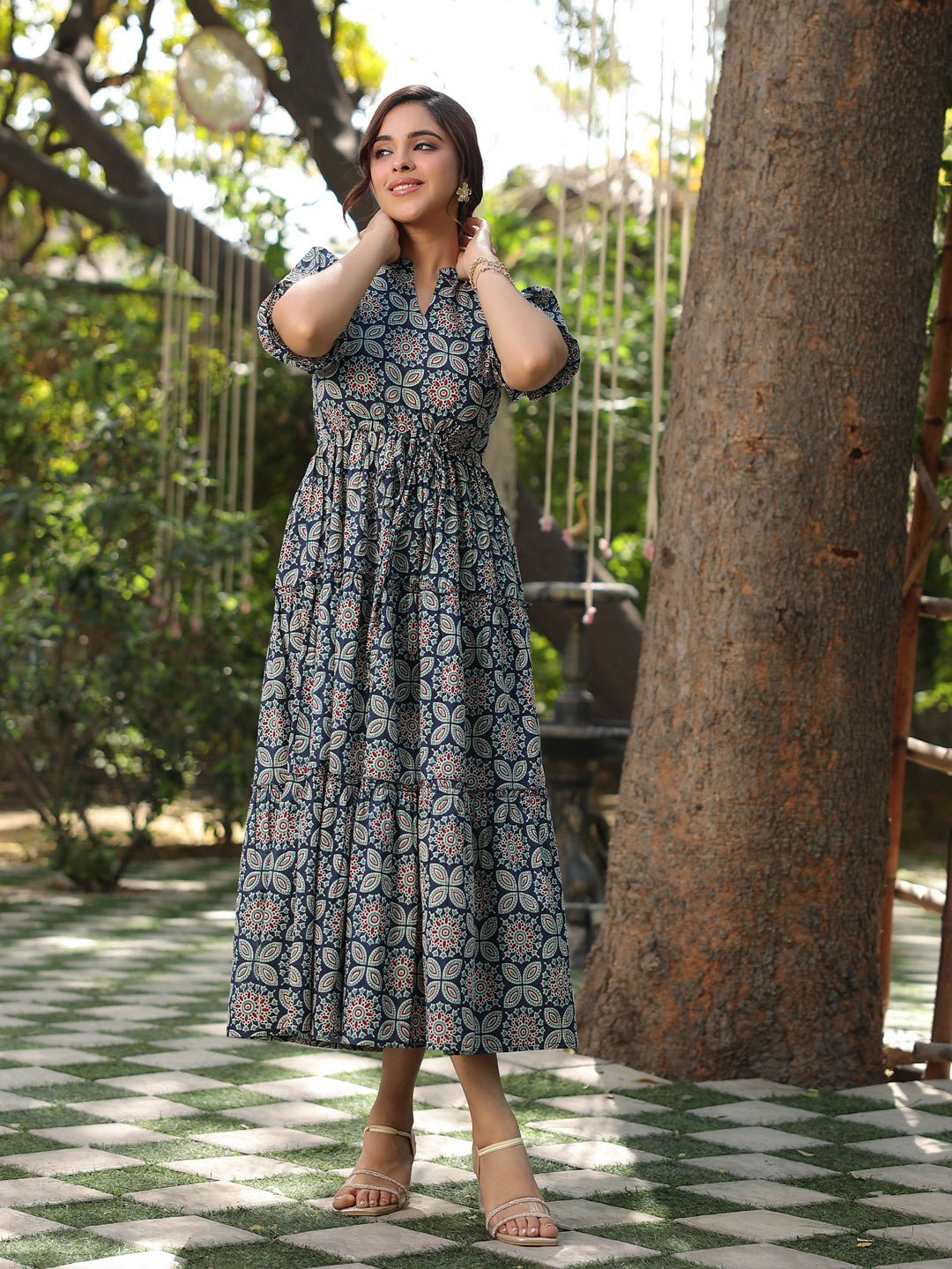 Women Blue Ethinc Motifs Printed Tiered Pure Cotton A-line Midi Dress
