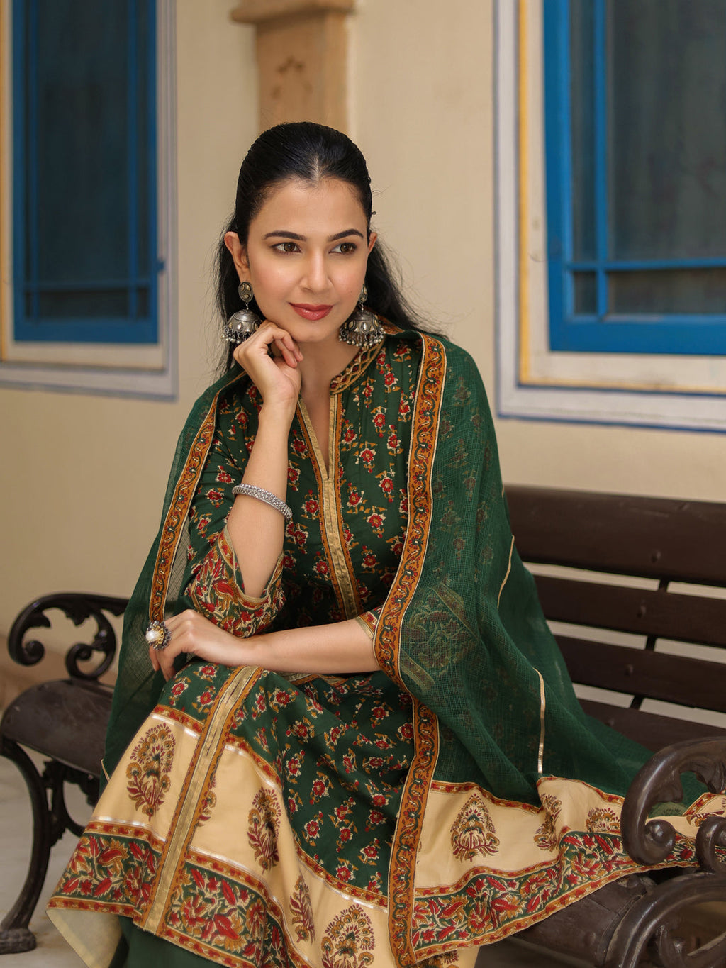 Women Ethnic Motifs Printed Cotton Anarkali Kurta with Trousers & Dupatta