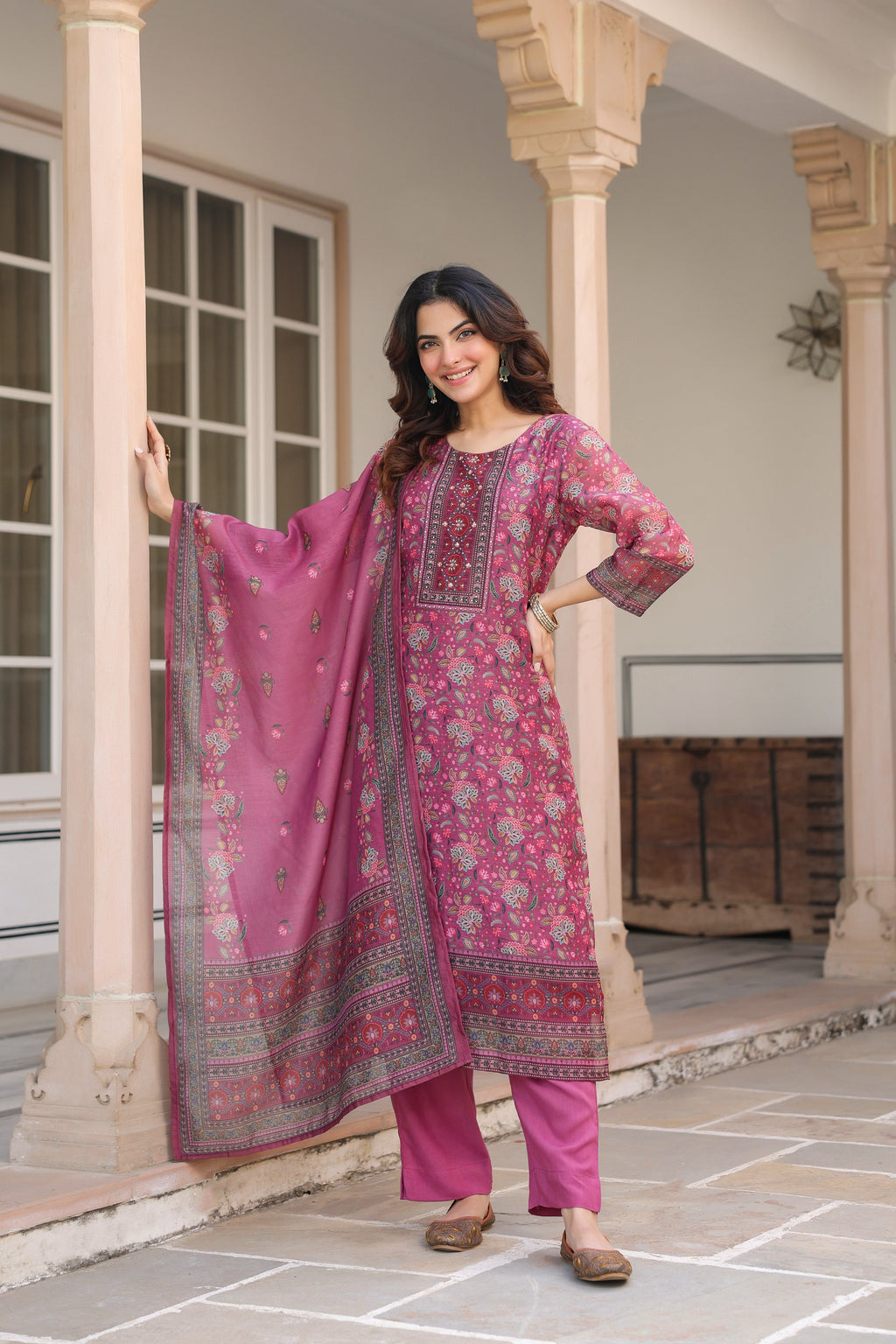 Women Ethnic Motifs Printed Regular Sequinned Chanderi Cotton Kurta with Trousers & With Dupatta