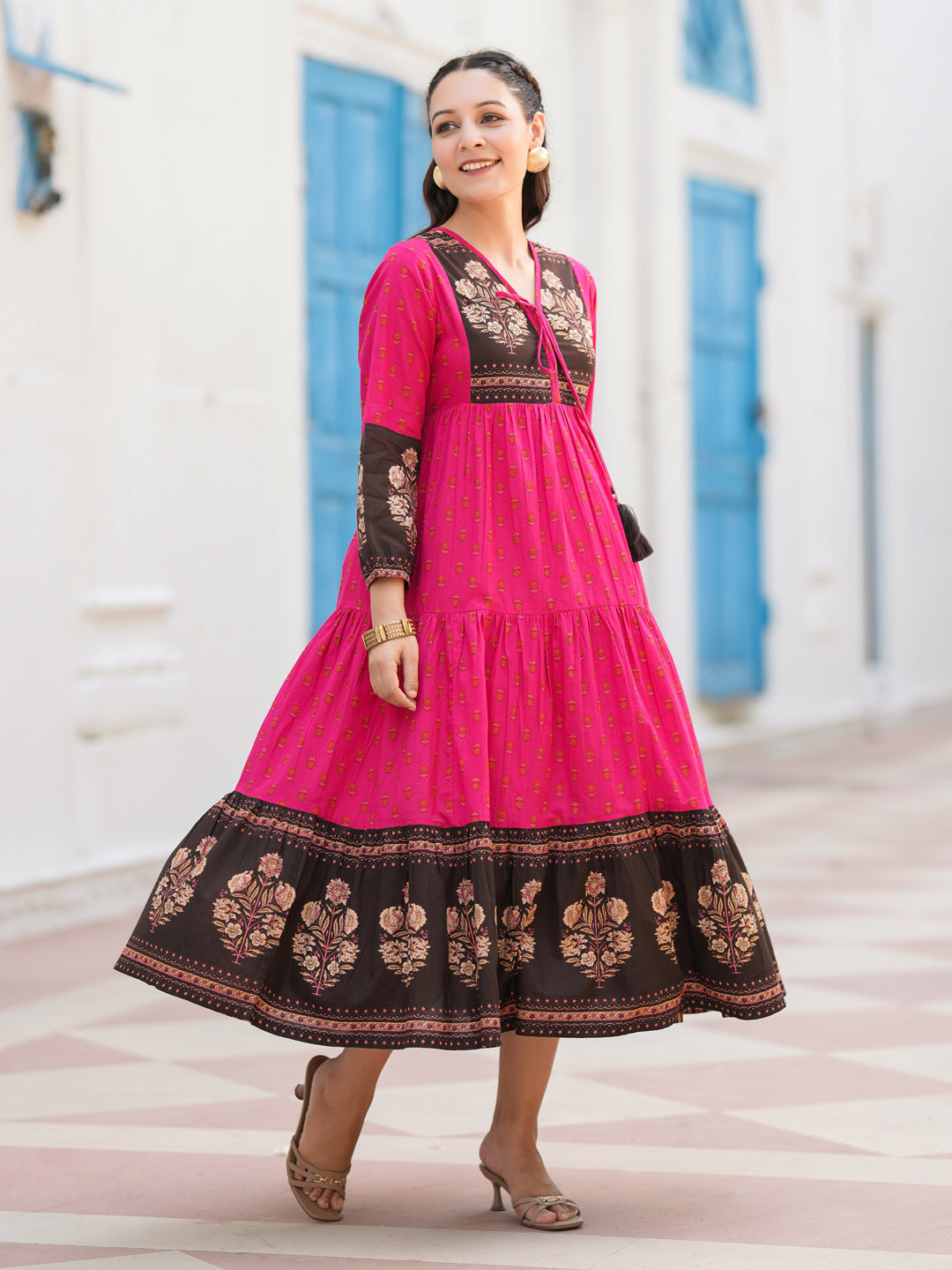 Ethnic Motifs Printed Cotton Fit & Flare Midi Dress