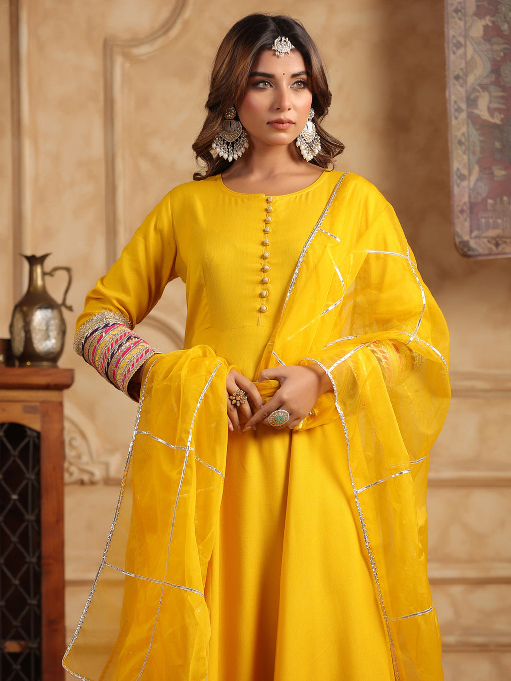 Mustard Gotta Patti Anarkali Kurta Set with Dupatta