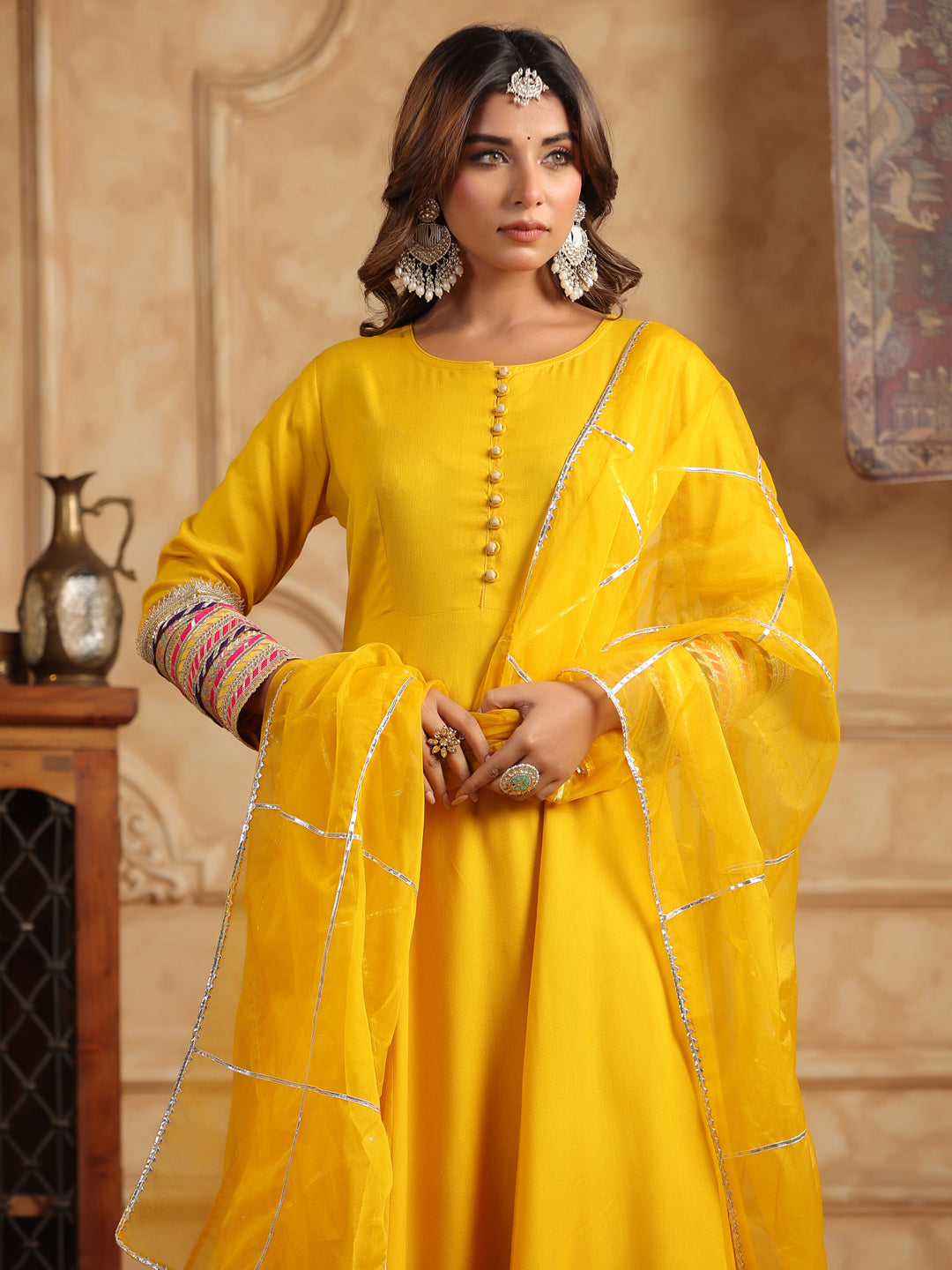 Mustard Gotta Patti Anarkali Kurta Set with Dupatta
