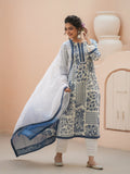 Floral Printed Thread Work Pure Cotton Straight Kurta & Trouser & Dupatta