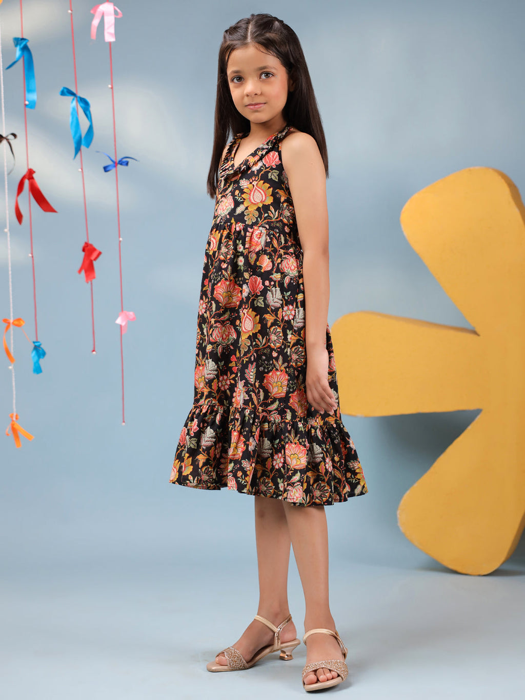 Girls Floral Printed Pure Cotton V-Neck Fit & Flared Ethnic Dresses