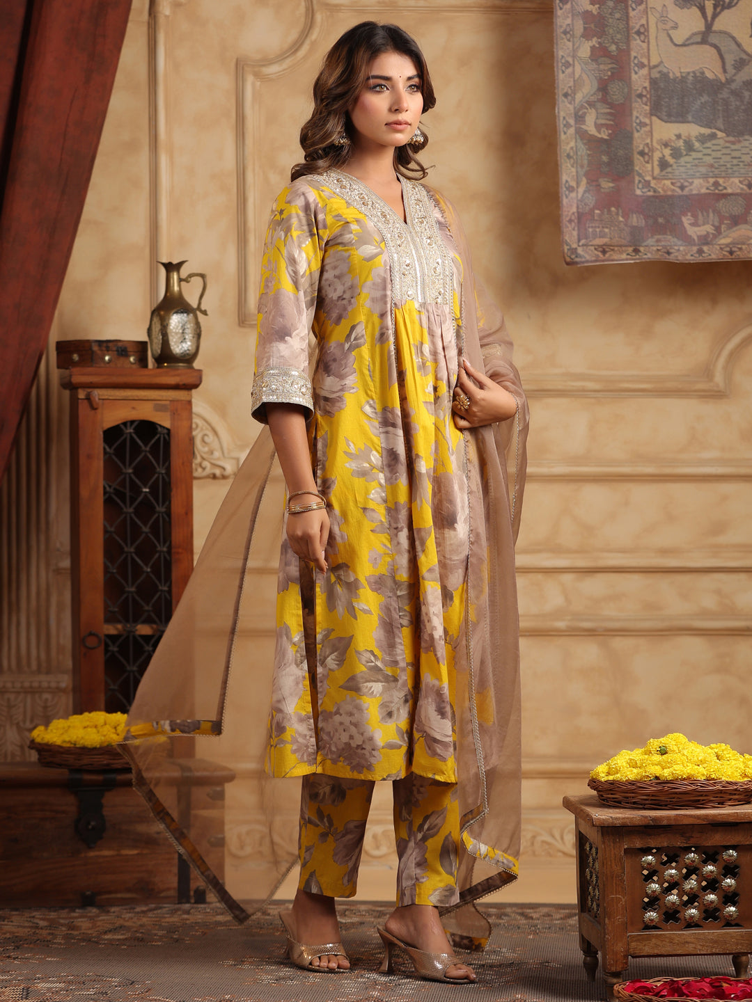 Mustard Floral Sequinned Cotton Anarkali Set