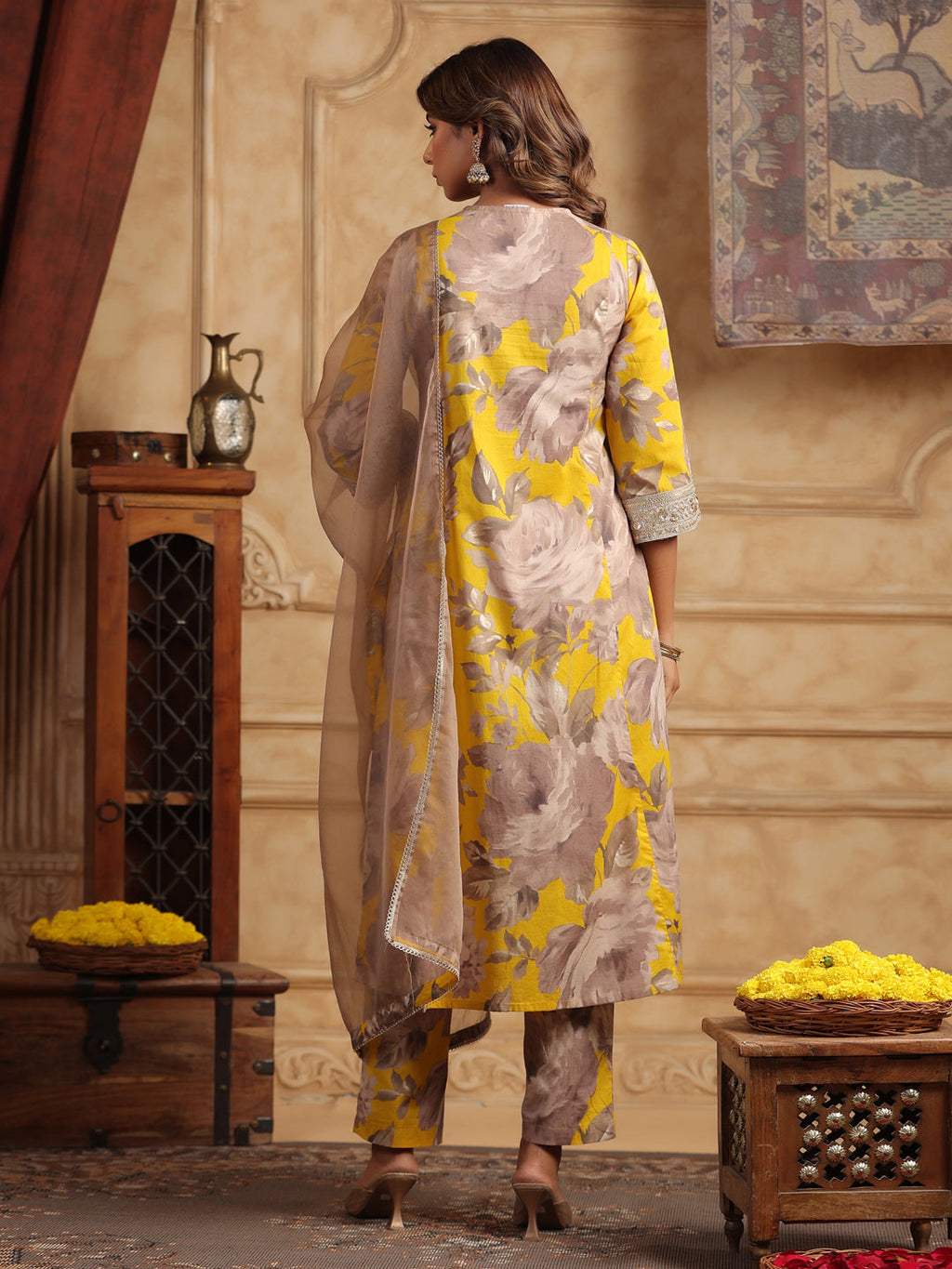 Mustard Floral Sequinned Cotton Anarkali Set