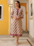 Floral Printed Notch Neck Thread Work Pure Cotton Kurta