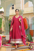 Geometric Embroidered Anarkali Pure Cotton Kurta With Trousers & Dupatta