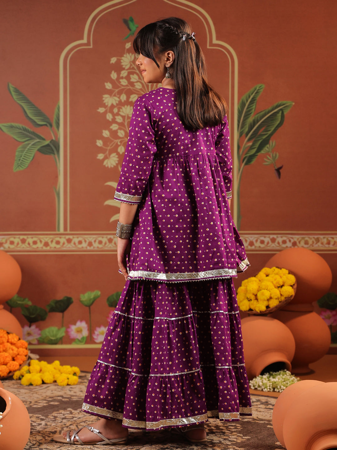 Girls Floral Printed Regular Gotta Patti Pure Cotton Kurti with Sharara & With Dupatta