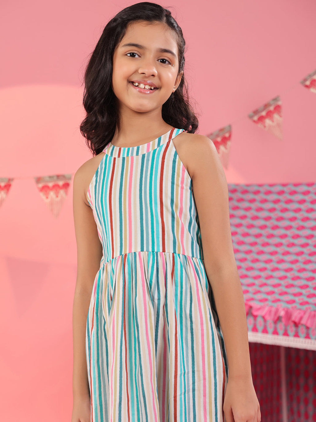 Girls Striped Pure Cotton Round-Neck Fit & Flared Ethnic Dresses