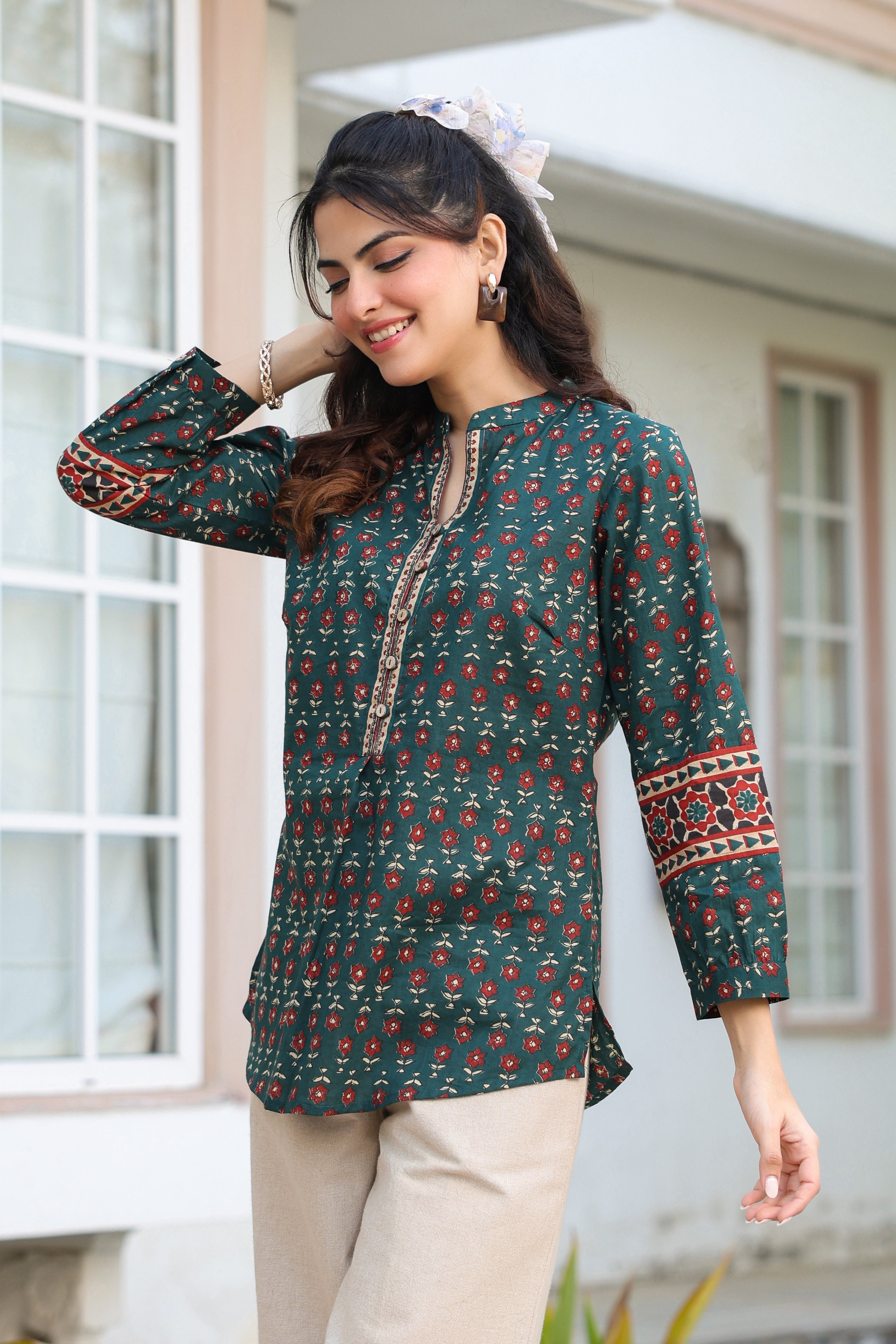 Print Mandarin Collar Cotton Top