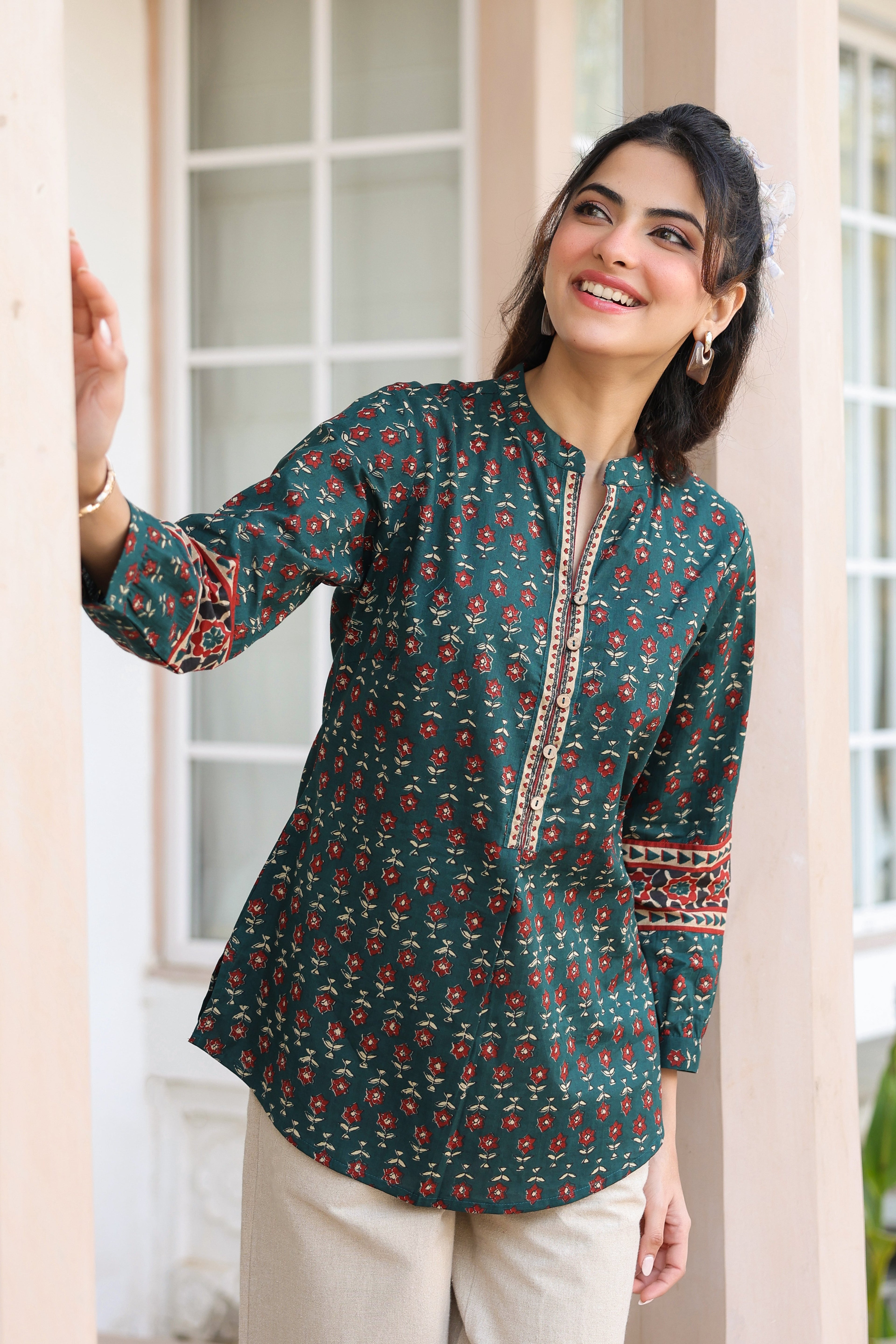 Print Mandarin Collar Cotton Top