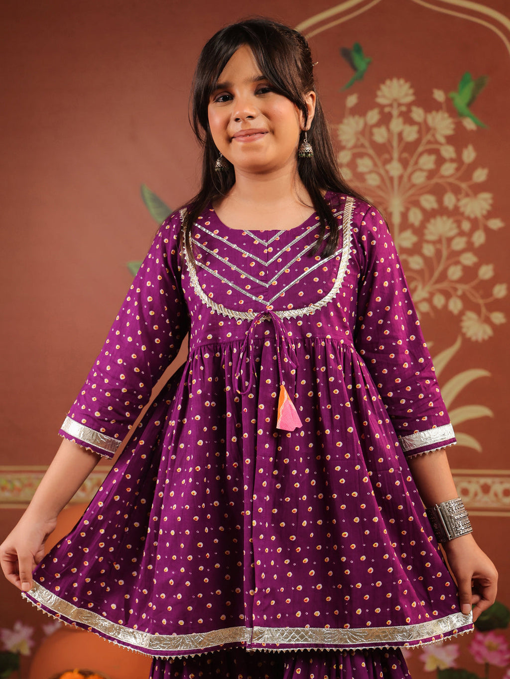 Girls Floral Printed Regular Gotta Patti Pure Cotton Kurti with Sharara & With Dupatta