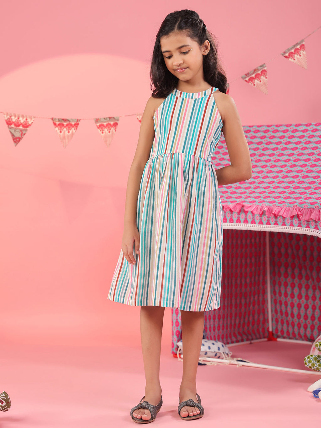 Girls Striped Pure Cotton Round-Neck Fit & Flared Ethnic Dresses