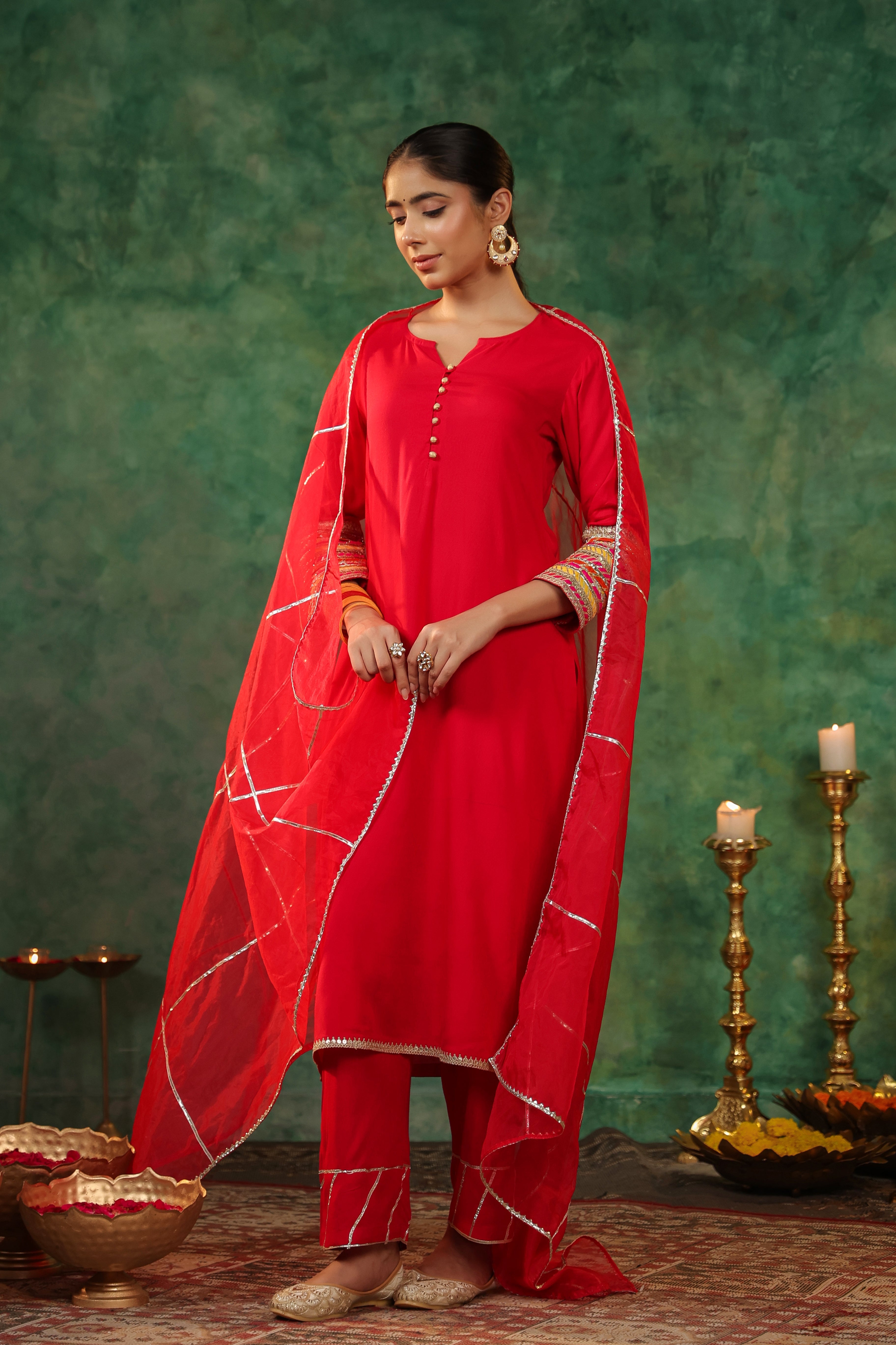 Round Neck Gotta Patti Kurta With Trousers & Dupatta