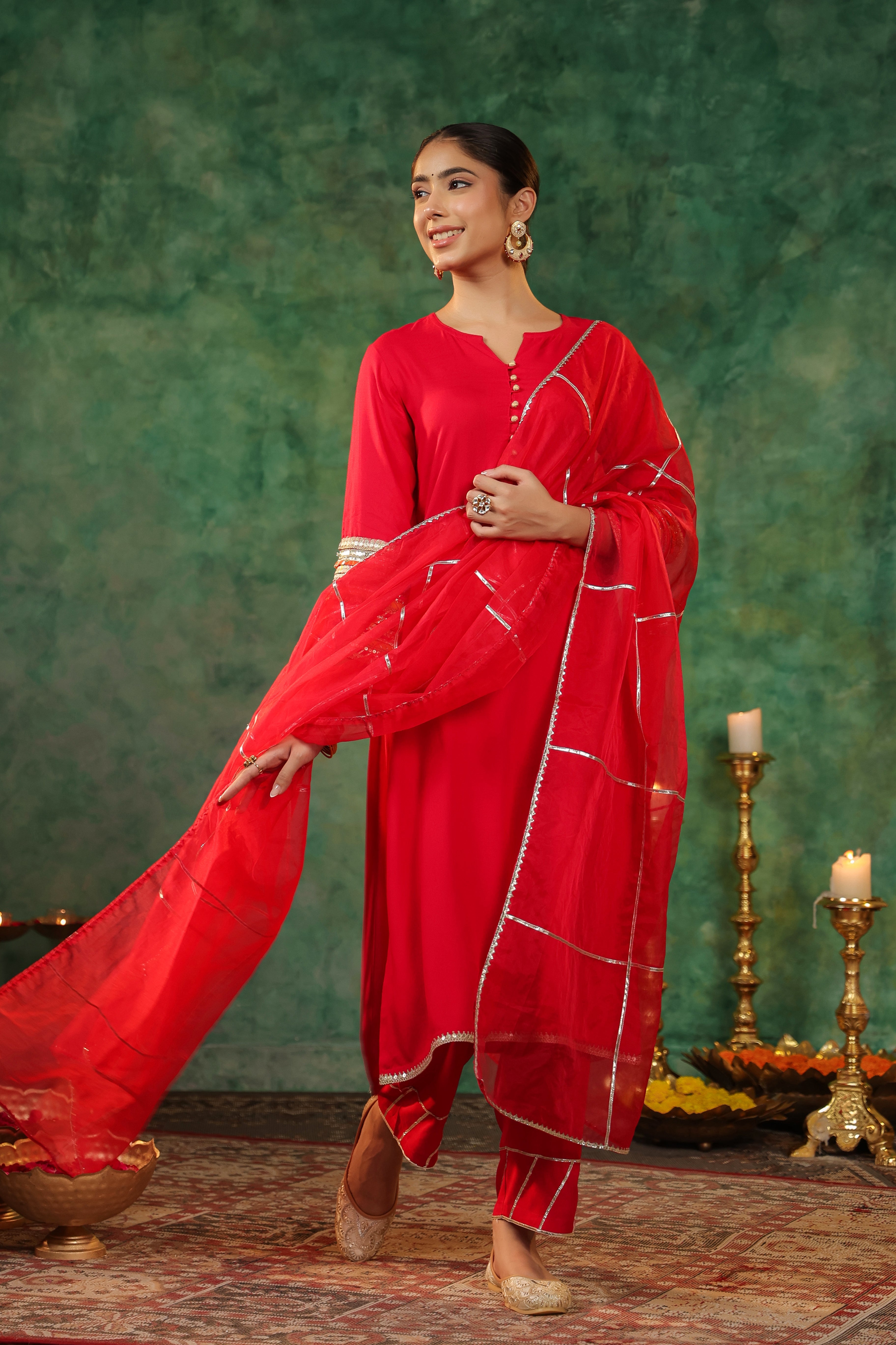 Round Neck Gotta Patti Kurta With Trousers & Dupatta