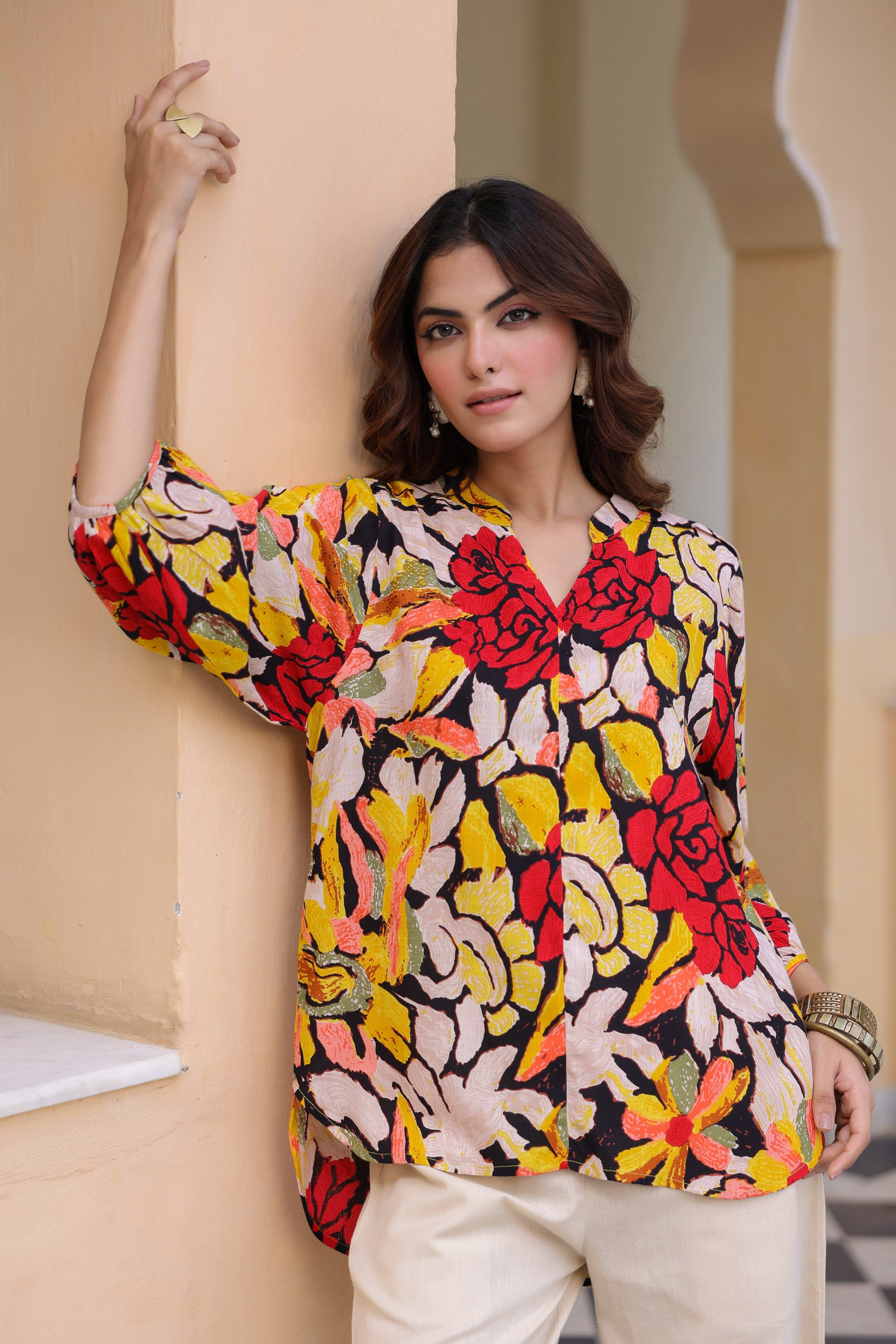 Printed Mandarin Collar Top & Trousers Co-Ords