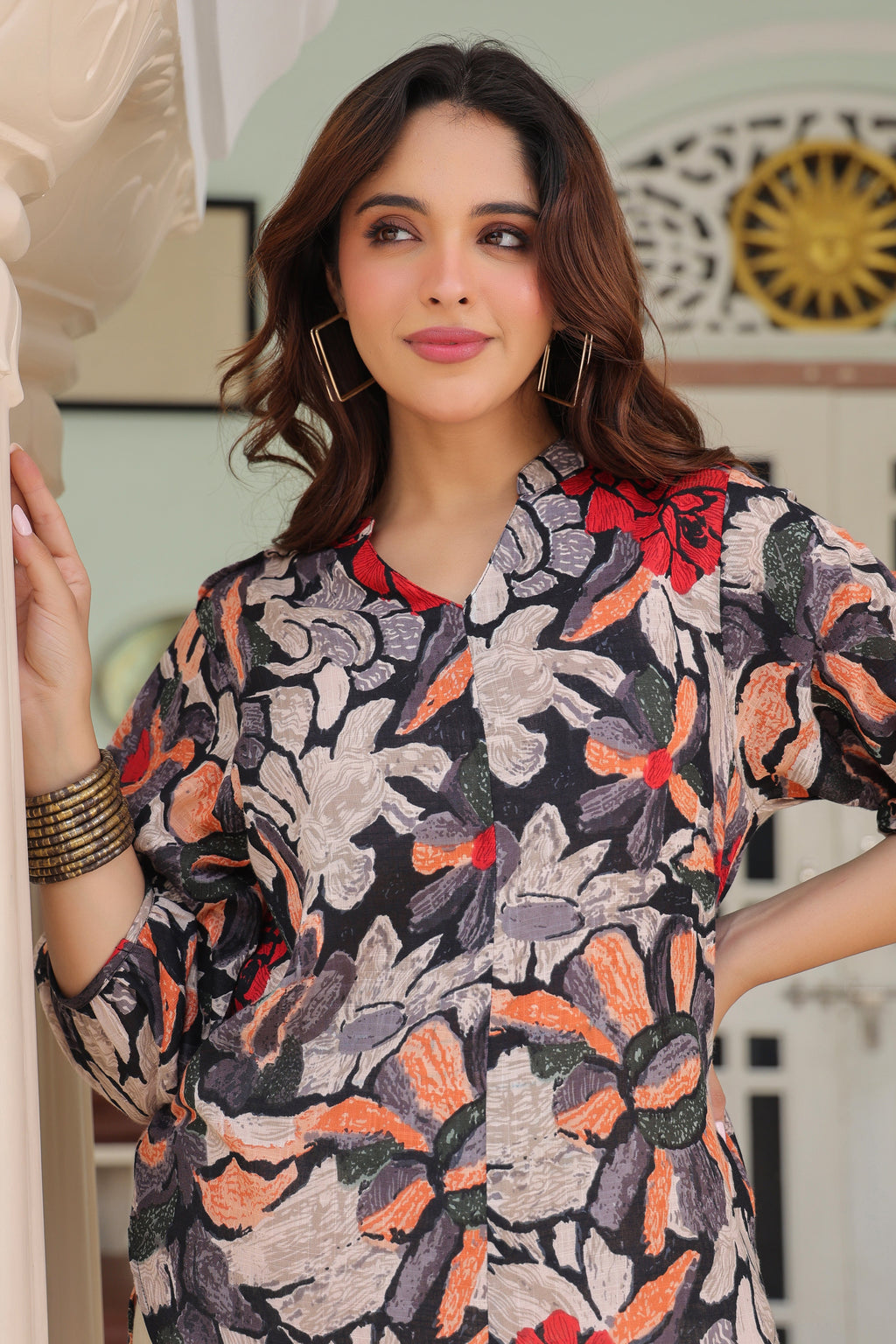 Printed Mandarin Collar Top & Trousers Co-Ords