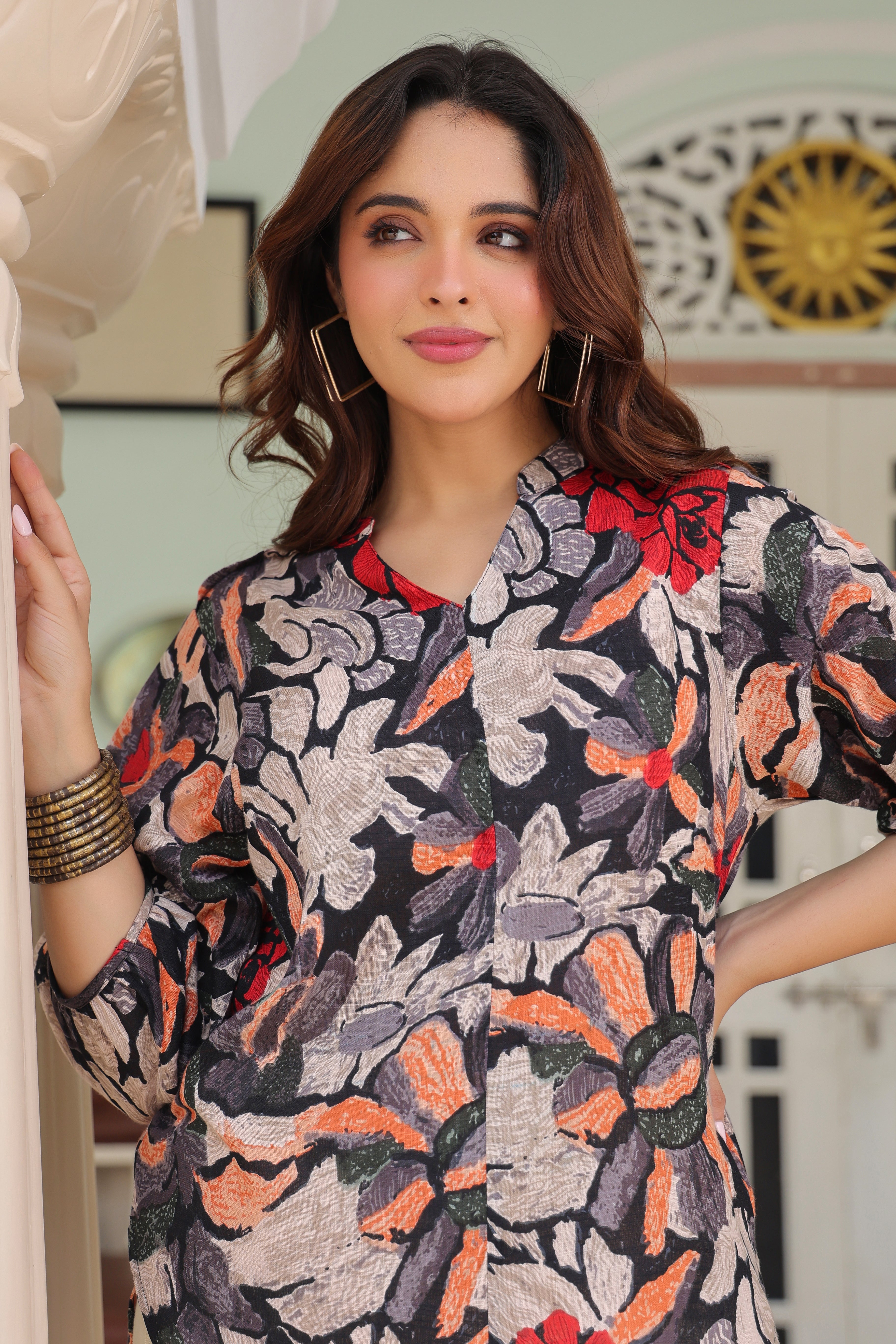 Printed Mandarin Collar Top & Trousers Co-Ords