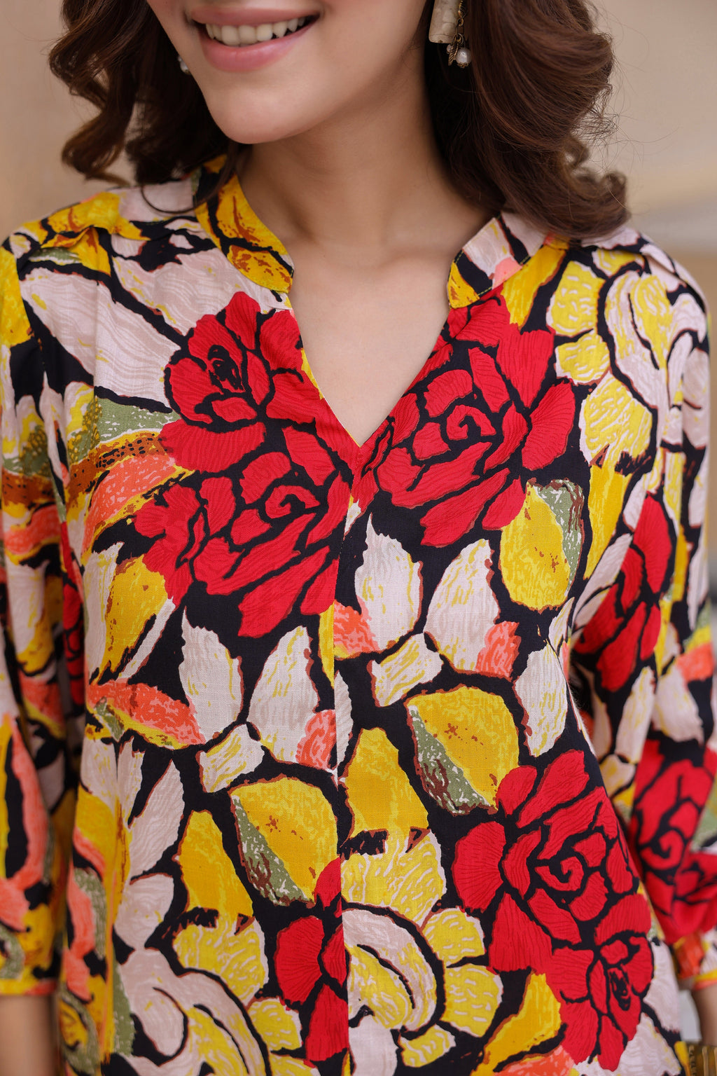 Printed Mandarin Collar Top & Trousers Co-Ords