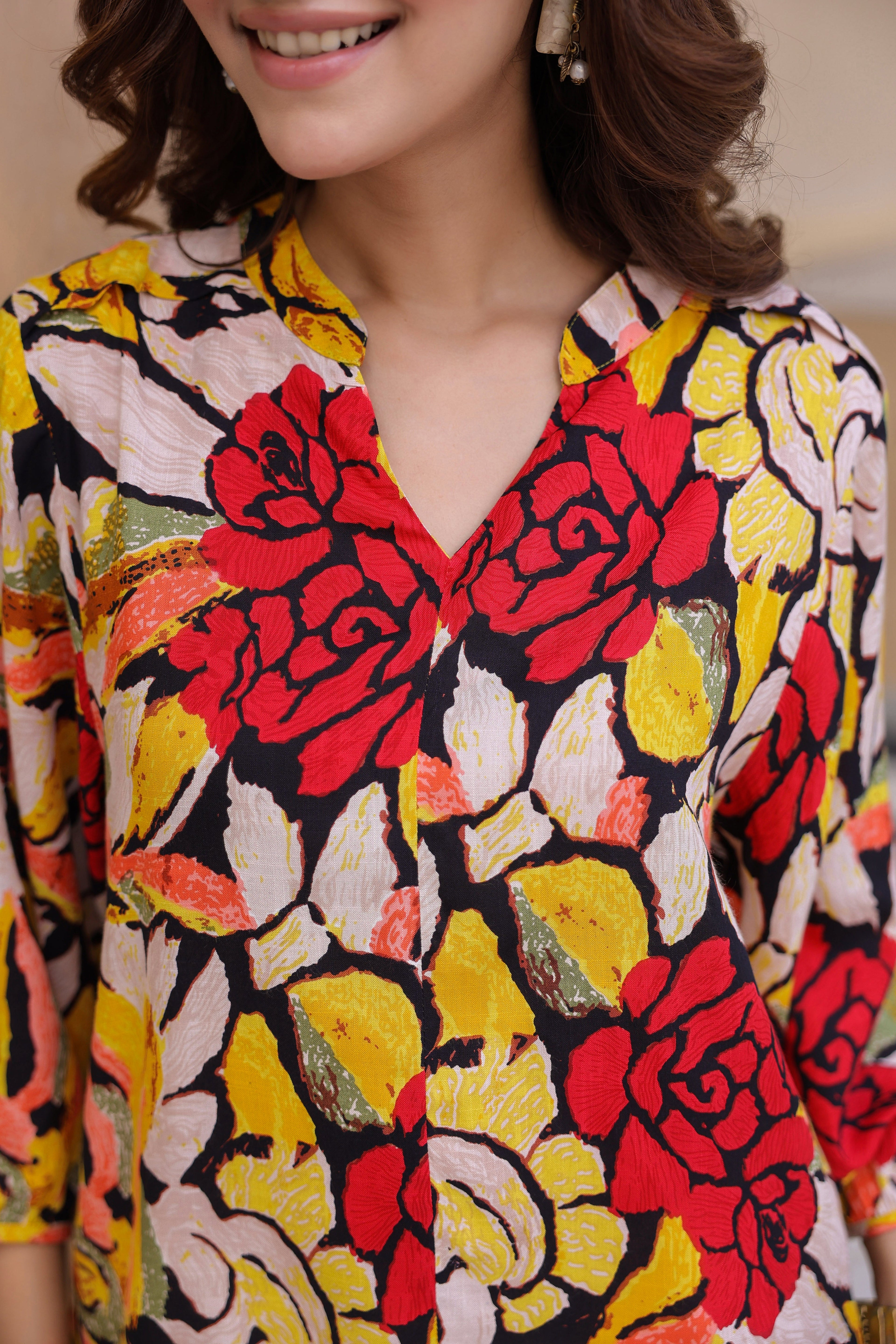 Printed Mandarin Collar Top & Trousers Co-Ords