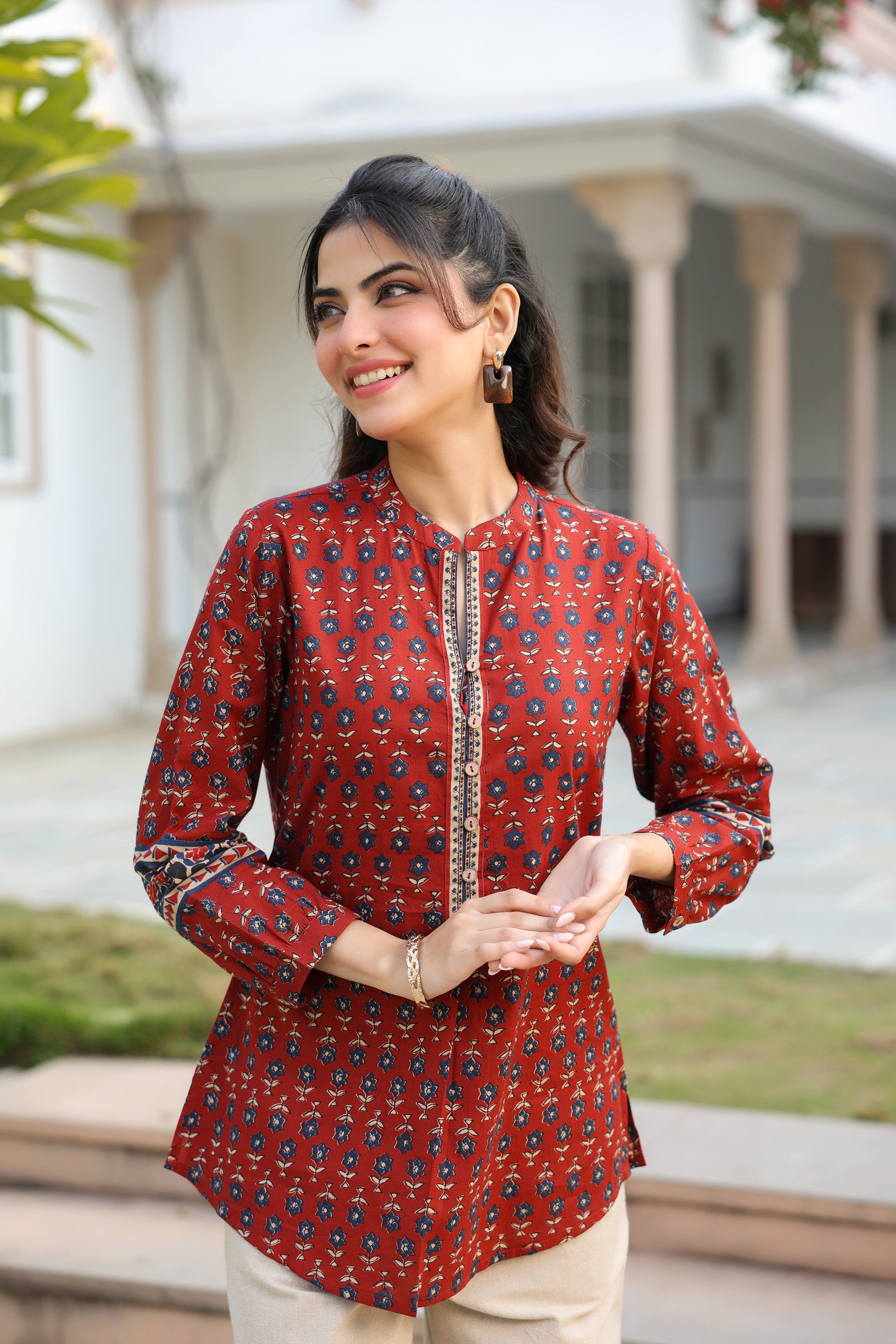 Print Mandarin Collar Cotton Top