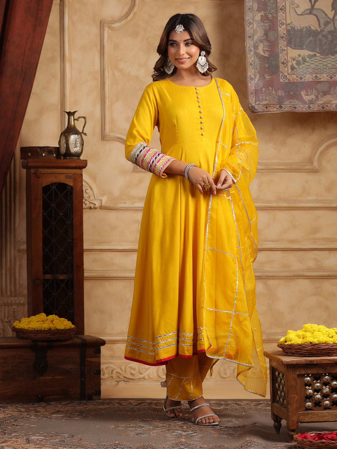Mustard Gotta Patti Anarkali Kurta Set with Dupatta