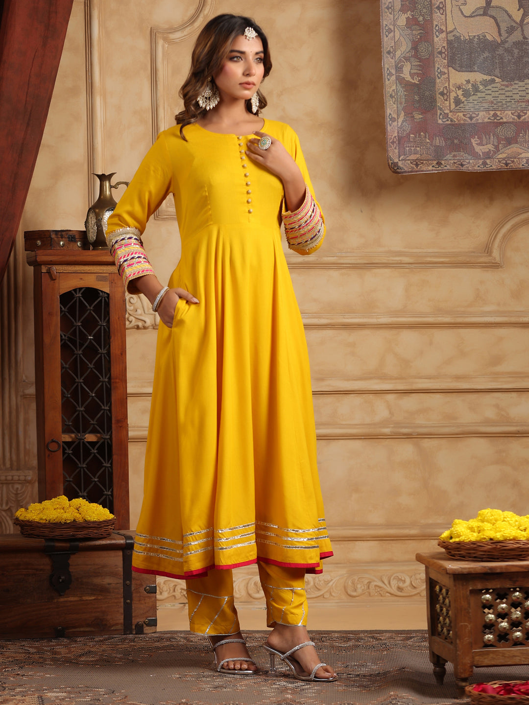 Mustard Gotta Patti Anarkali Kurta Set with Dupatta