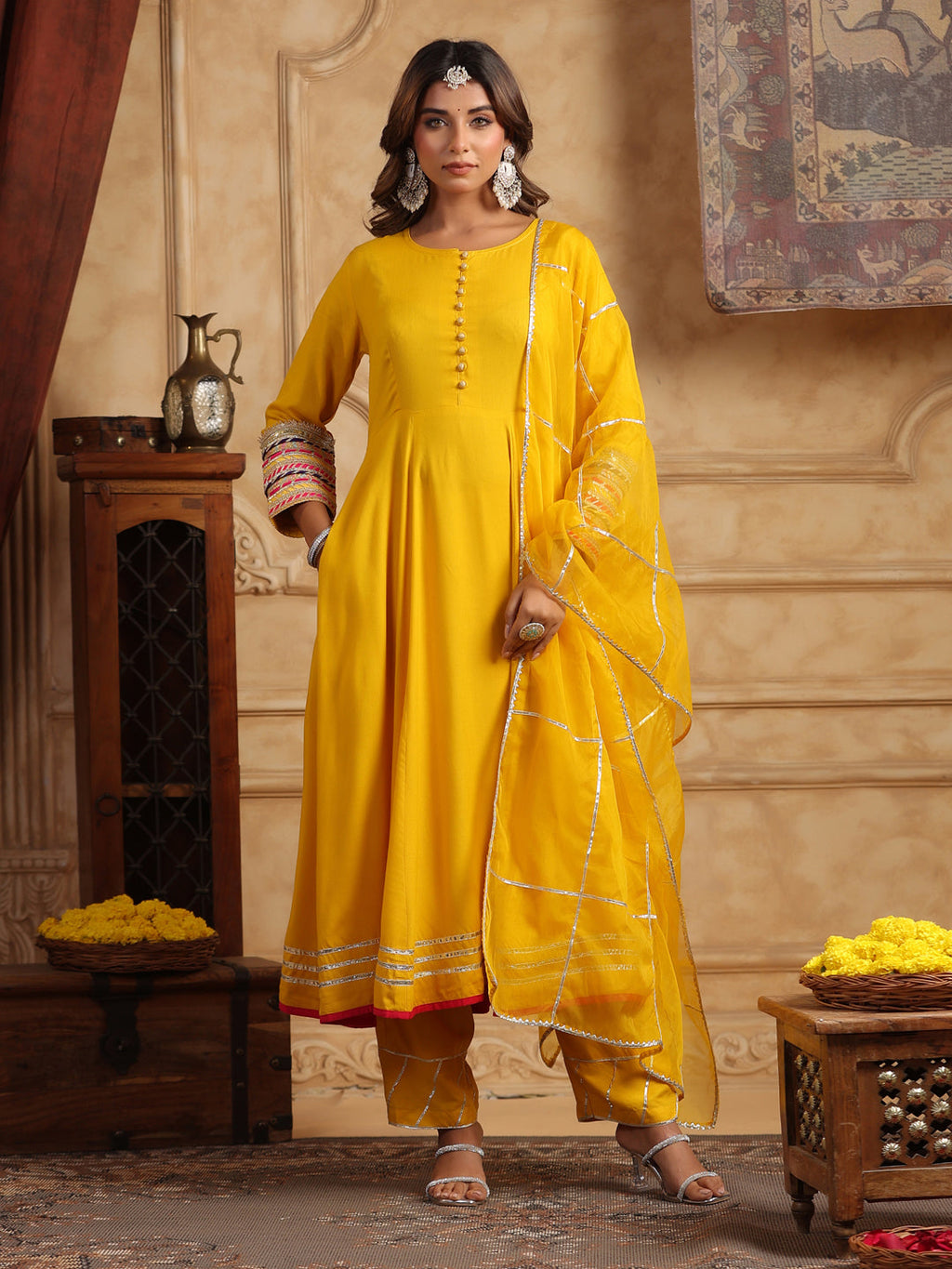 Mustard Gotta Patti Anarkali Kurta Set with Dupatta
