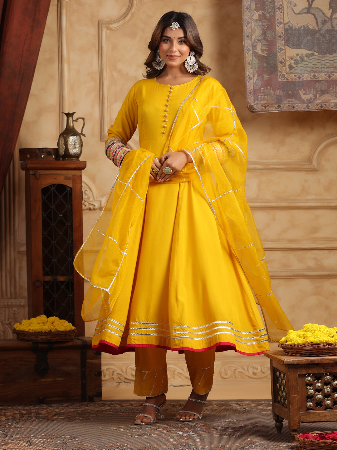 Mustard Gotta Patti Anarkali Kurta Set with Dupatta