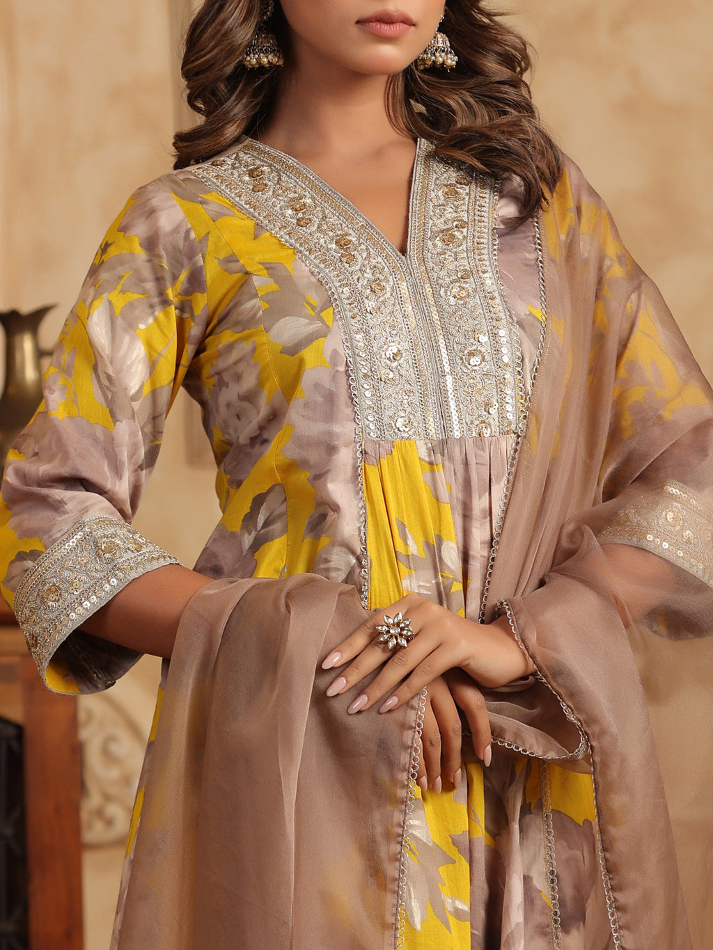 Mustard Floral Sequinned Cotton Anarkali Set