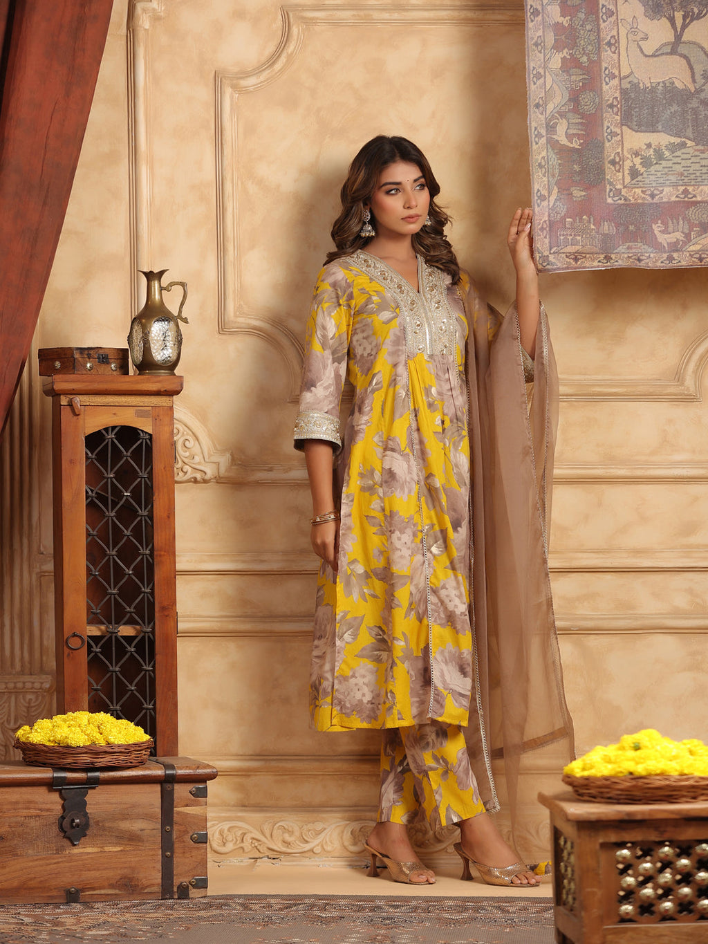 Mustard Floral Sequinned Cotton Anarkali Set