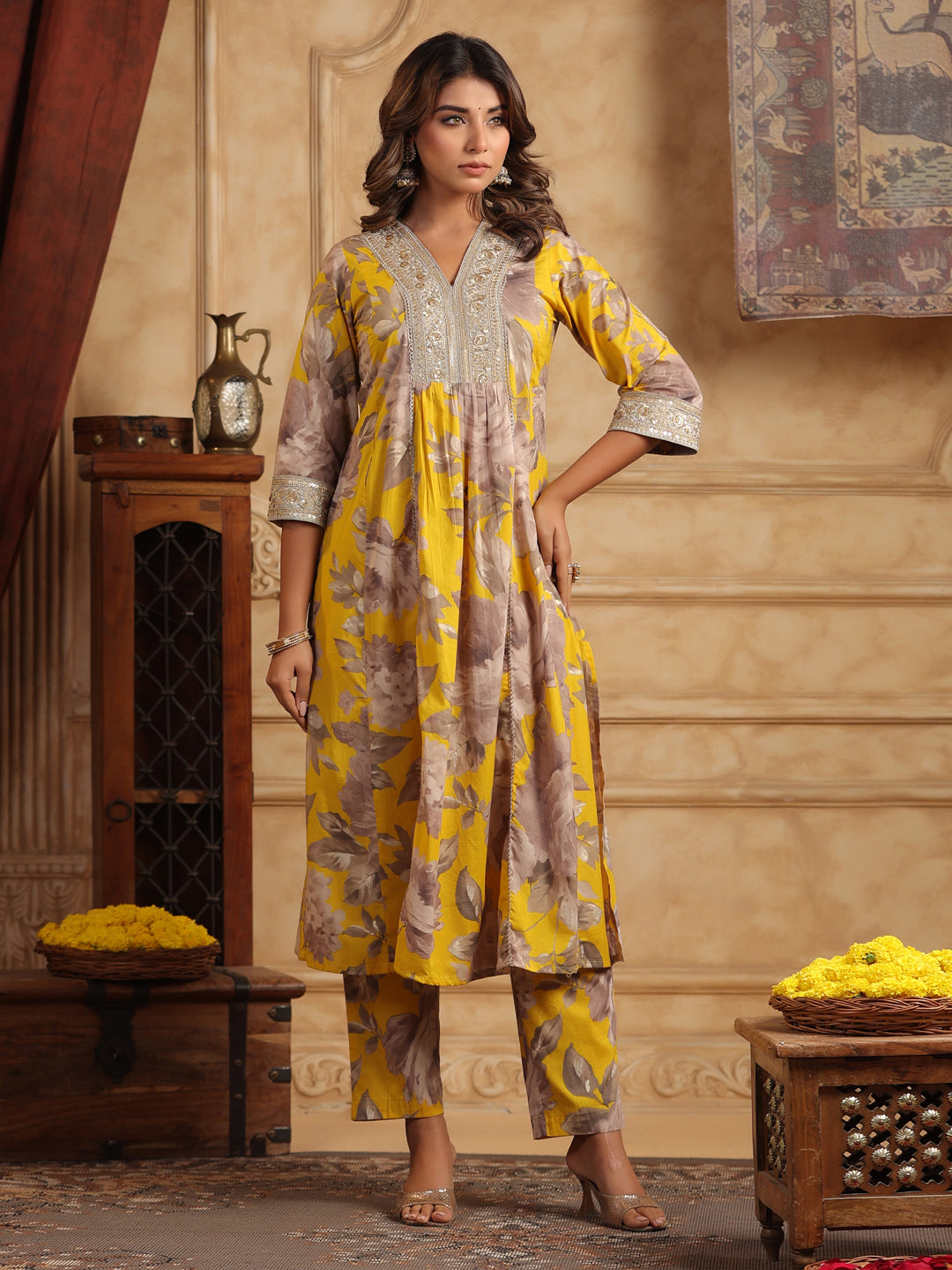 Mustard Floral Sequinned Cotton Anarkali Set