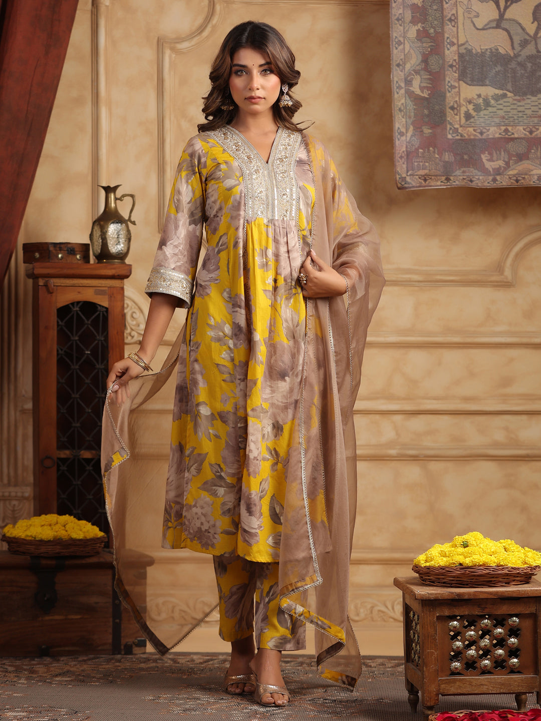 Mustard Floral Sequinned Cotton Anarkali Set