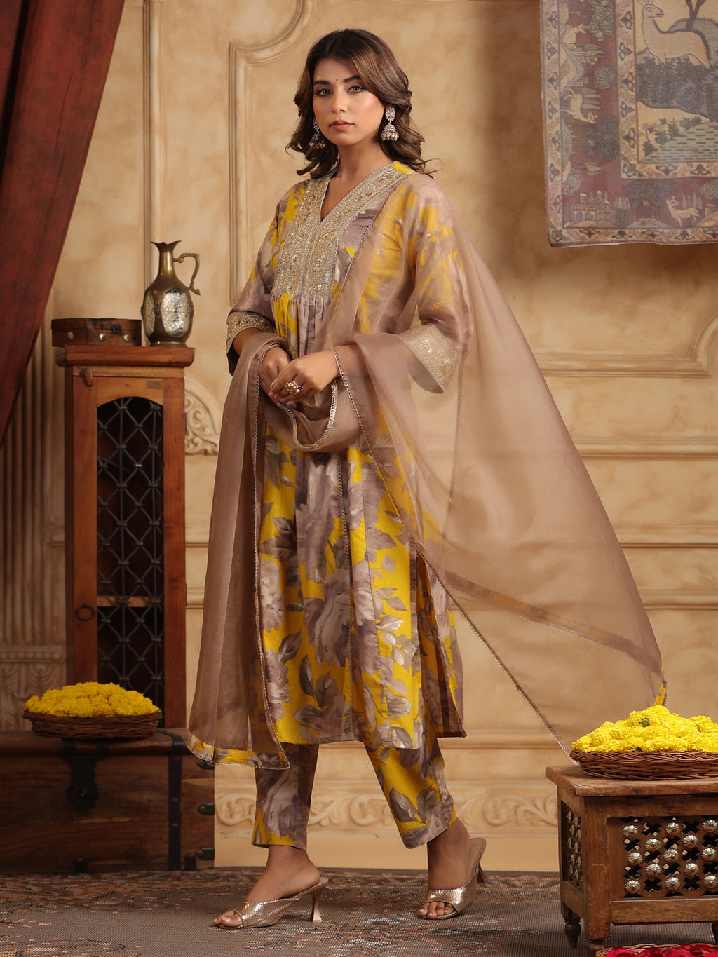 Mustard Floral Sequinned Cotton Anarkali Set