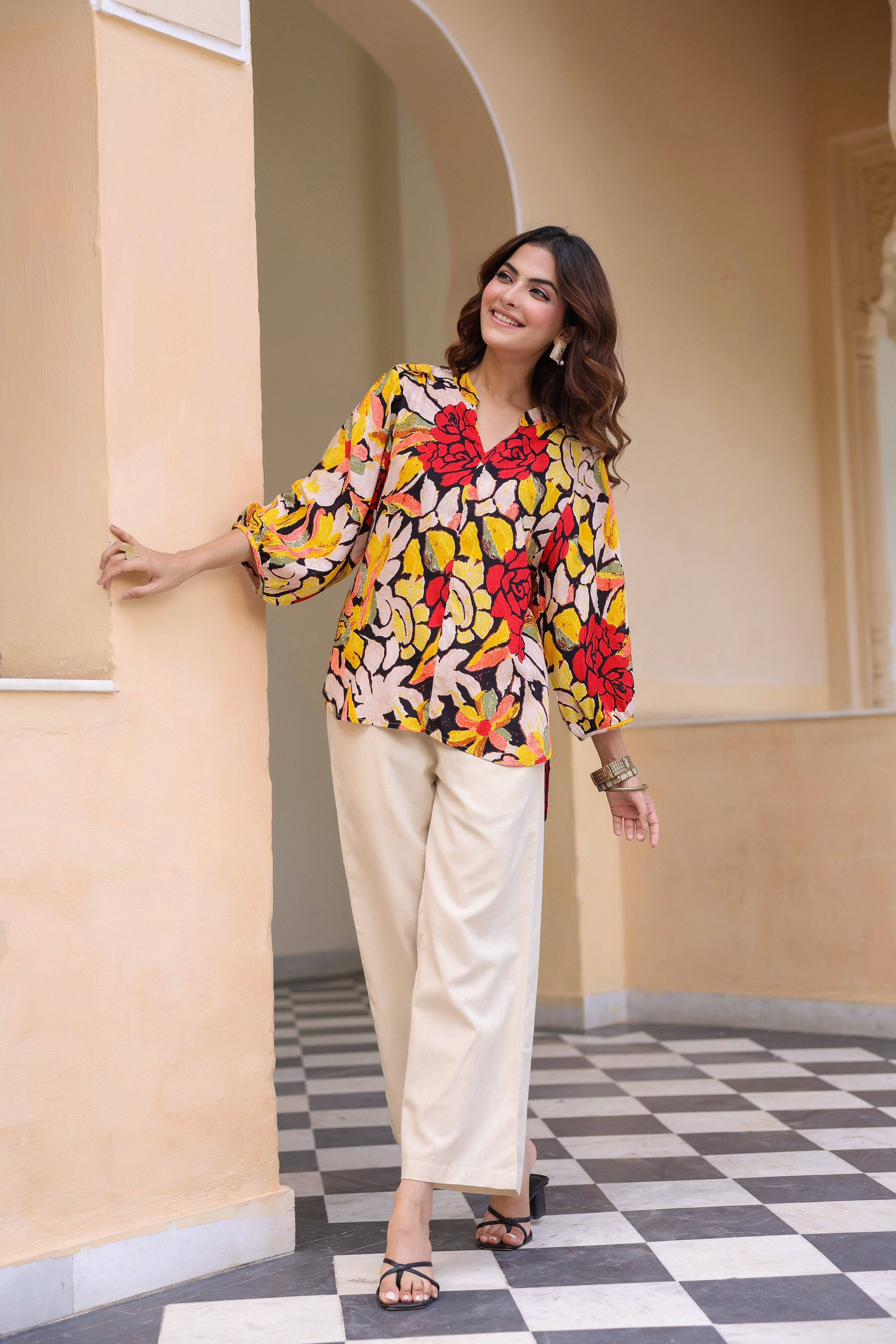 Printed Mandarin Collar Top & Trousers Co-Ords