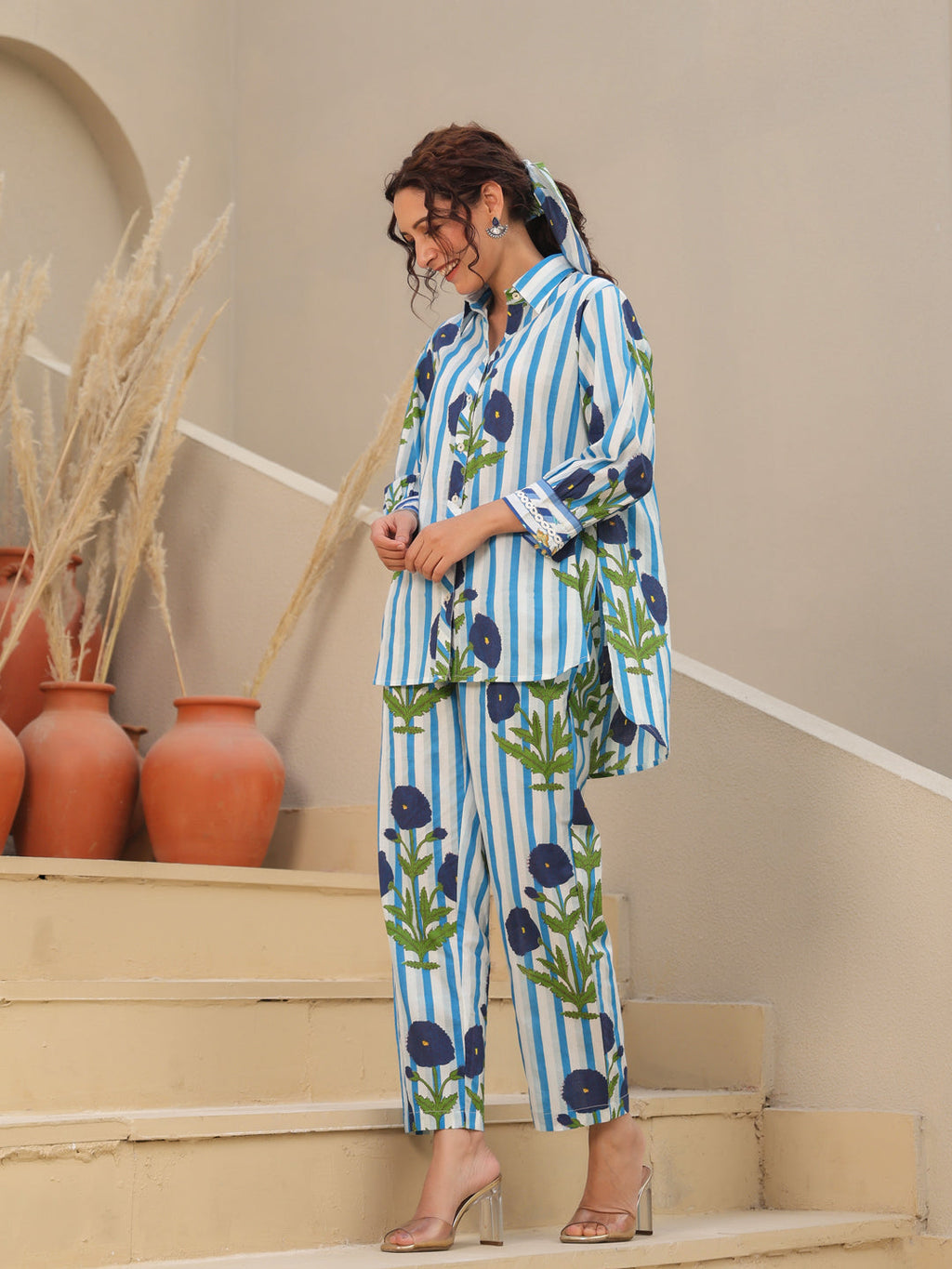 Printed Pure Cotton Shirt Collar Neck Shirt & Trouser Co-Ords