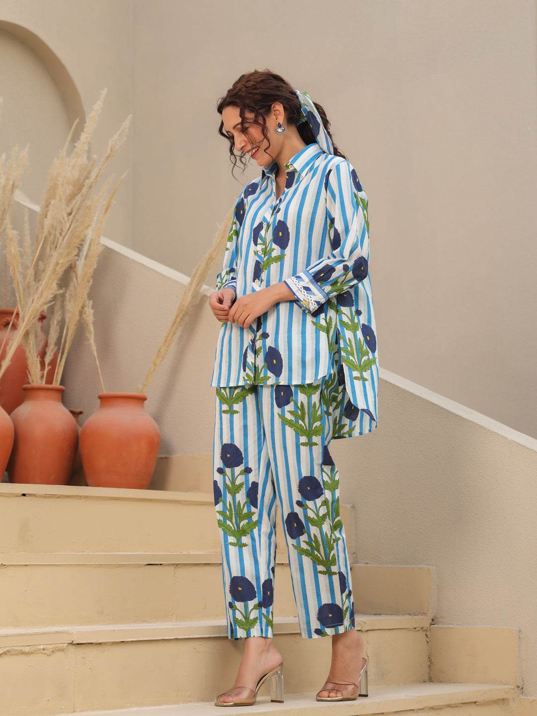 Printed Pure Cotton Shirt Collar Neck Shirt & Trouser Co-Ords
