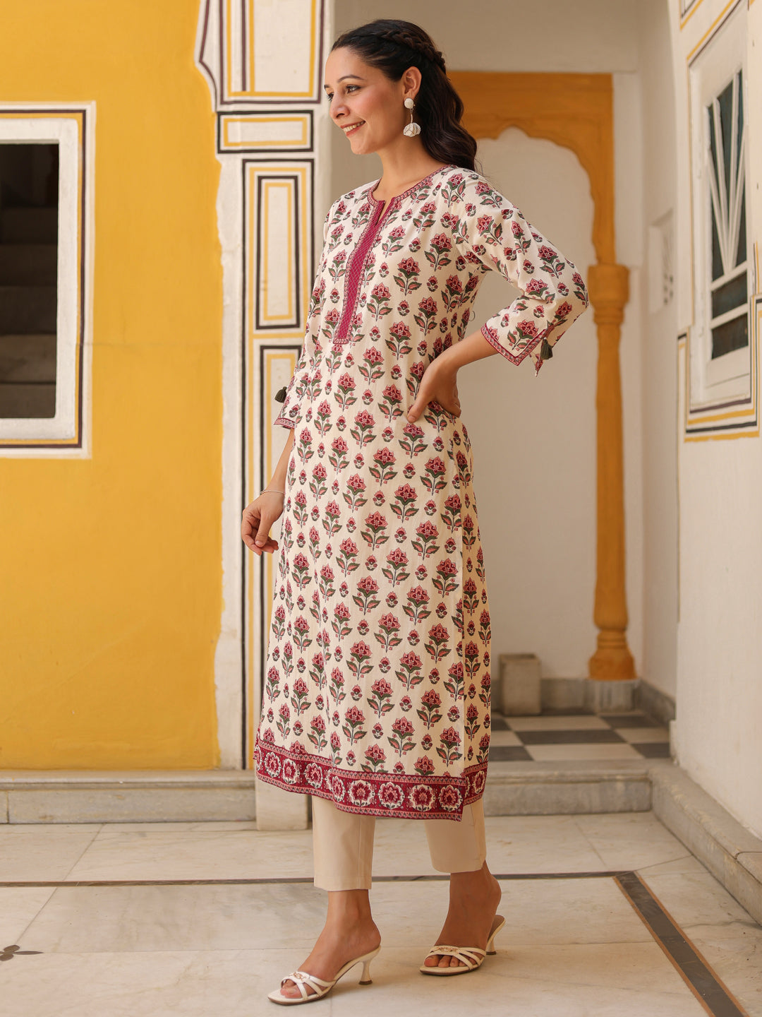 Floral Printed Notch Neck Thread Work Pure Cotton Kurta