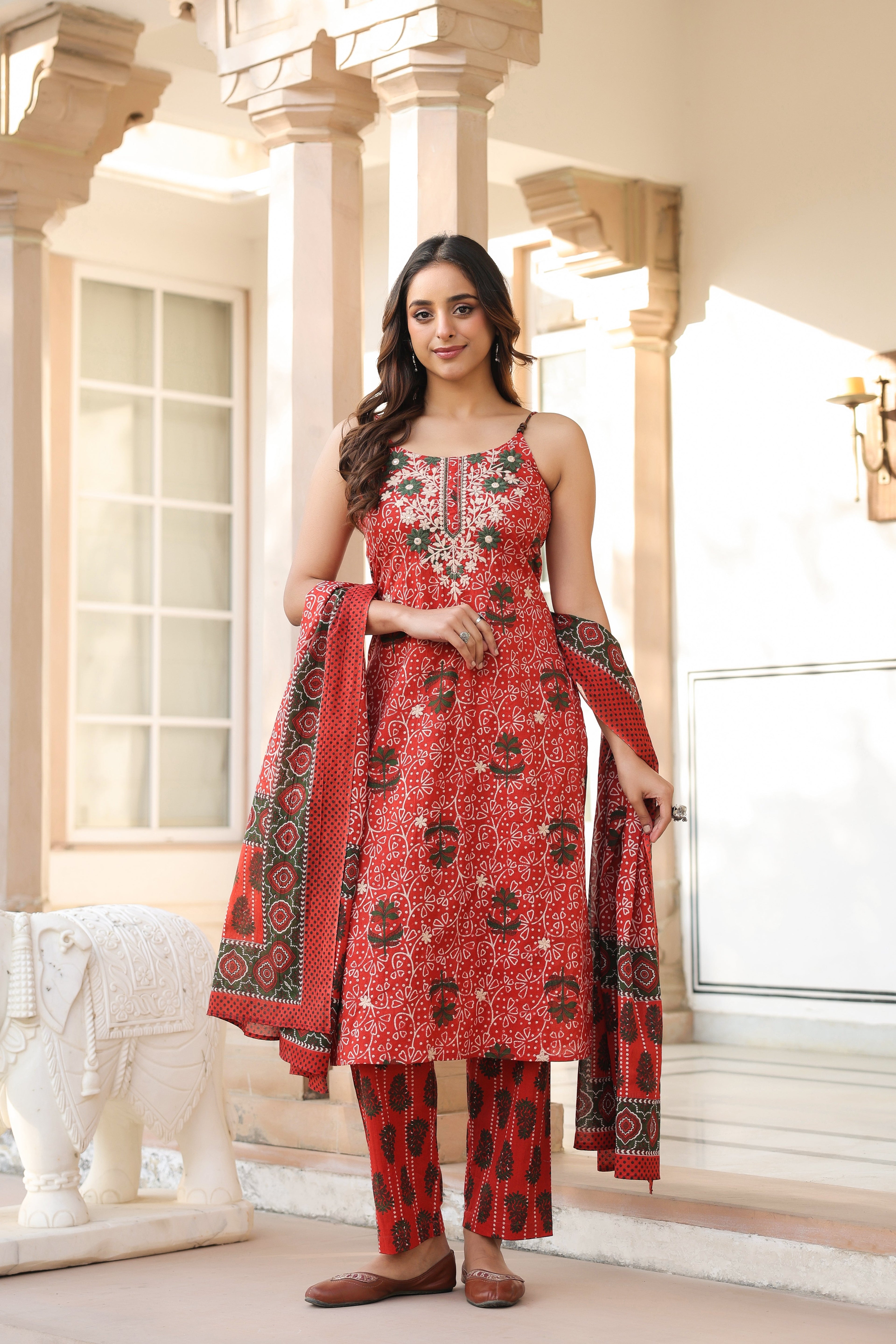 Women Ethnic Motifs Printed Regular Beads and Stones Pure Cotton Kurta with Trousers & With Dupatta