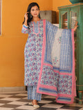 Women Floral Printed Cotton Straight Kurta with Trousers & Dupatta